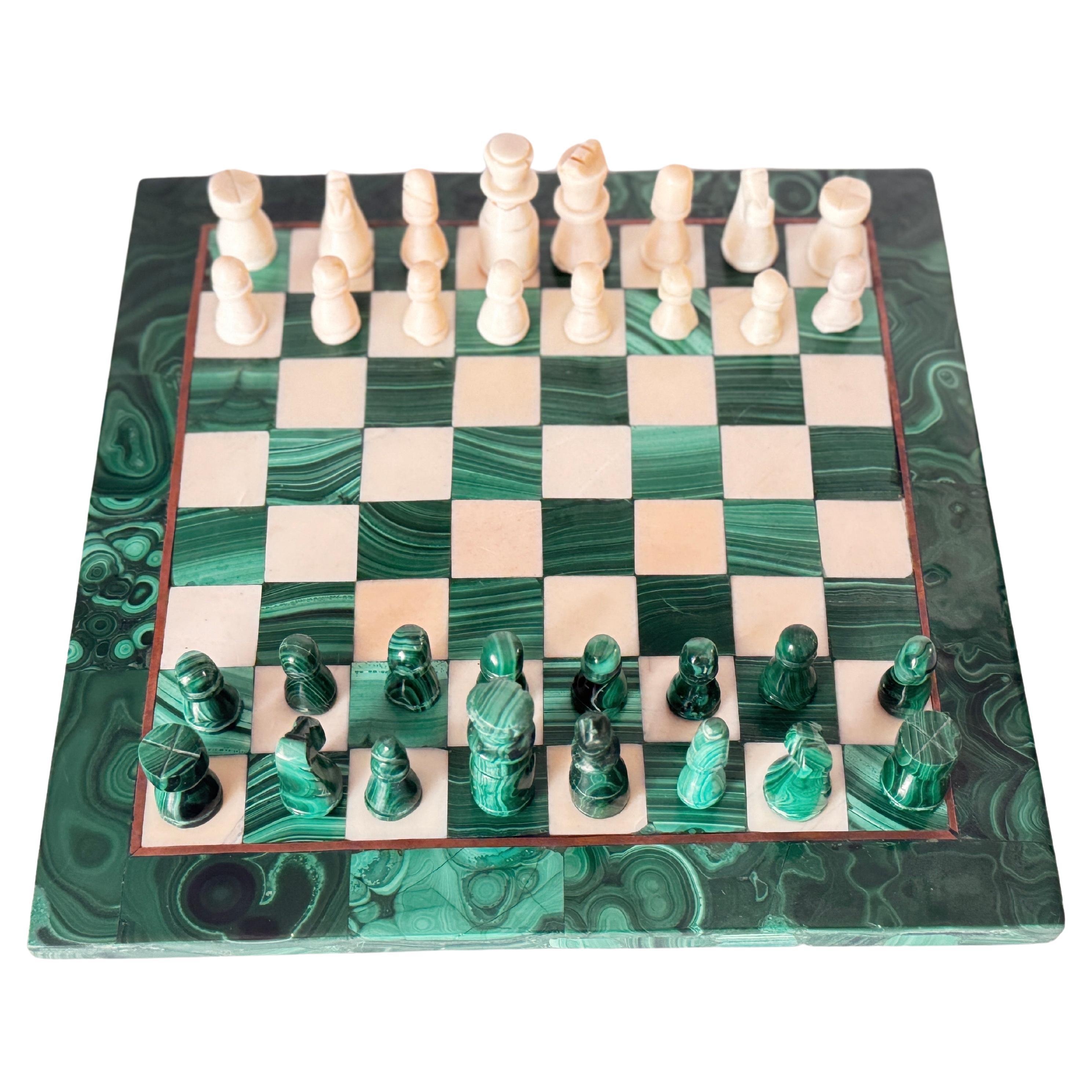 French Antique Malachite & Carrara Marble Chess Board Early 20th Century