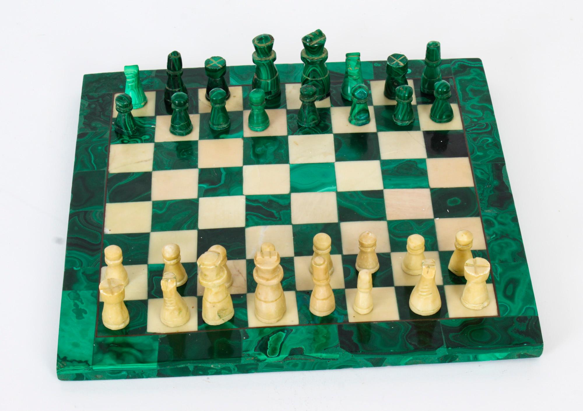 Italian Antique Malachite & Carrara Marble Chess Board Early 20th Century