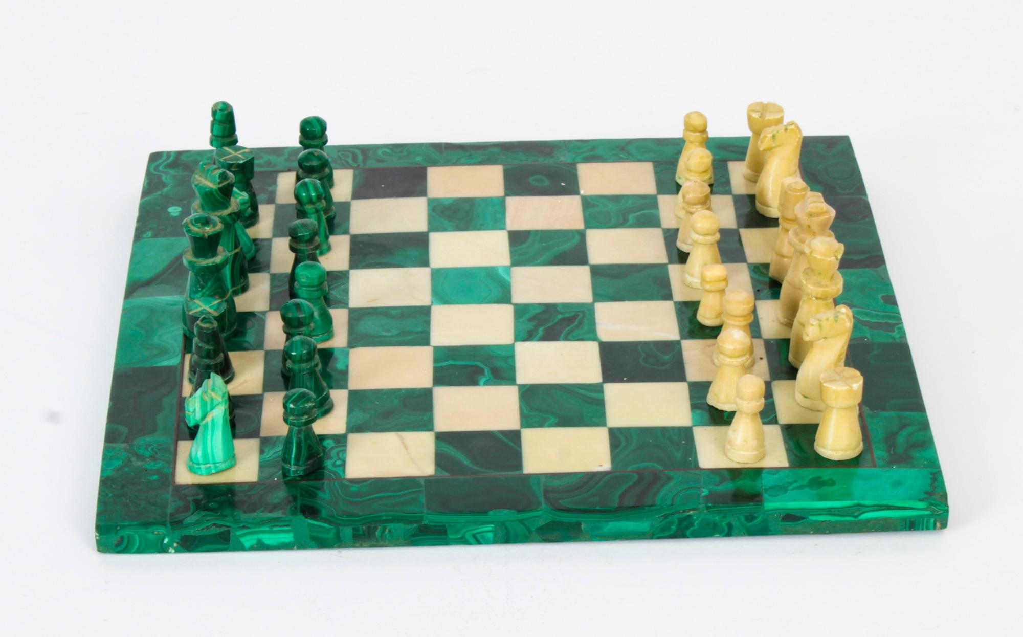 Antique Malachite & Carrara Marble Chess Board Early 20th Century 2