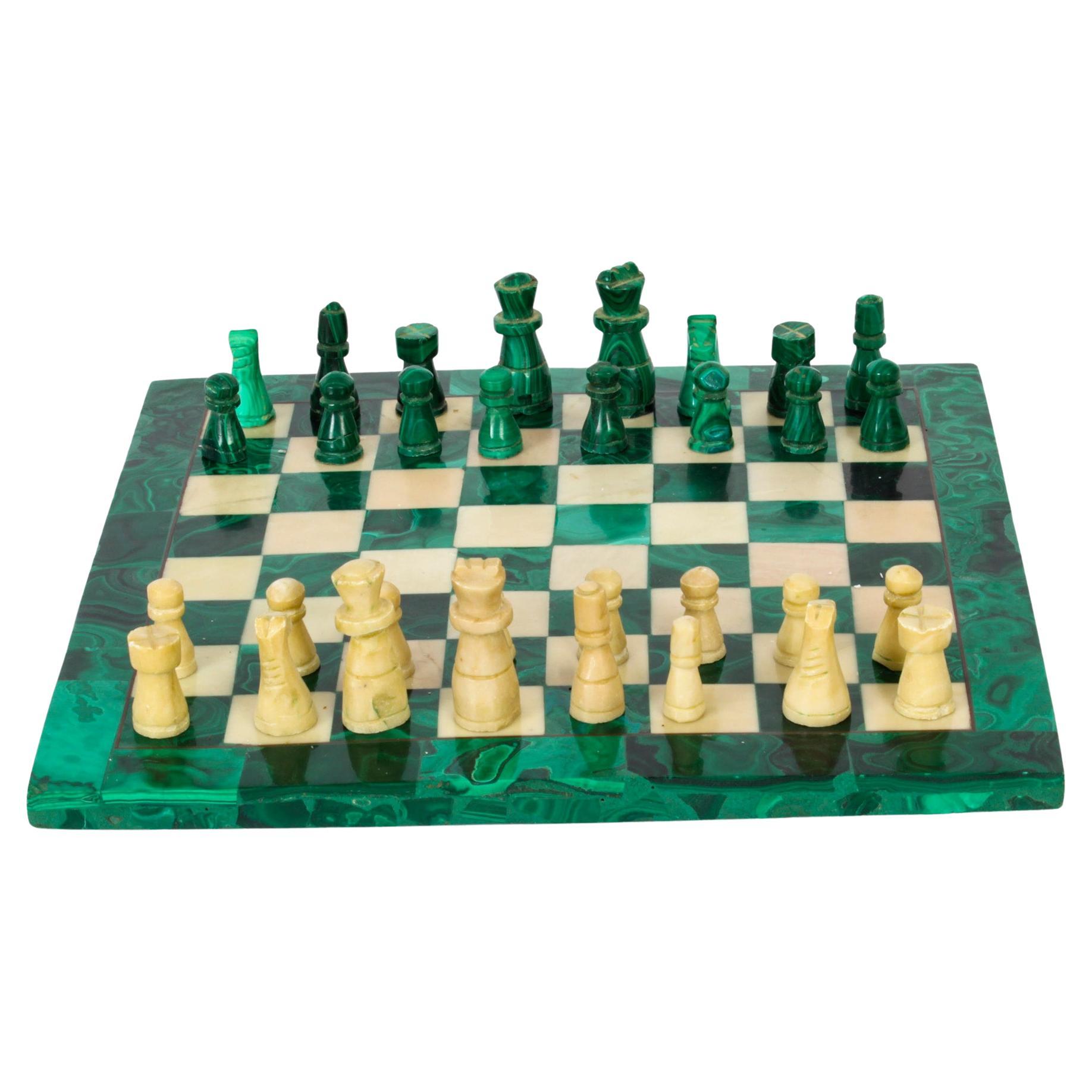 Antique Malachite & Carrara Marble Chess Board Early 20th Century