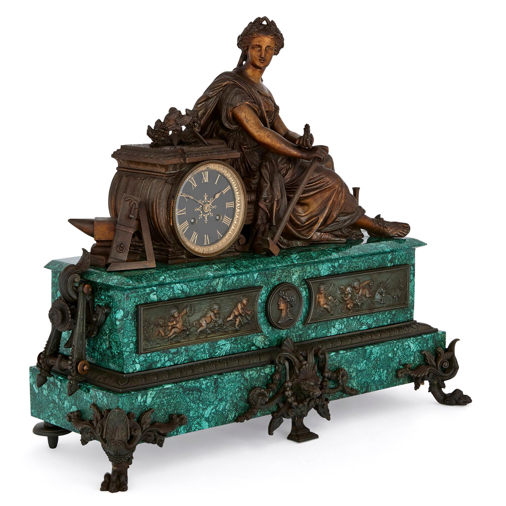 This beautiful clock was crafted in France in the late 19th century. The clock is a monument to this period of industrialisation and technological innovation, being decorated with an allegory of Labour.

Labour is depicted in patinated spelter as