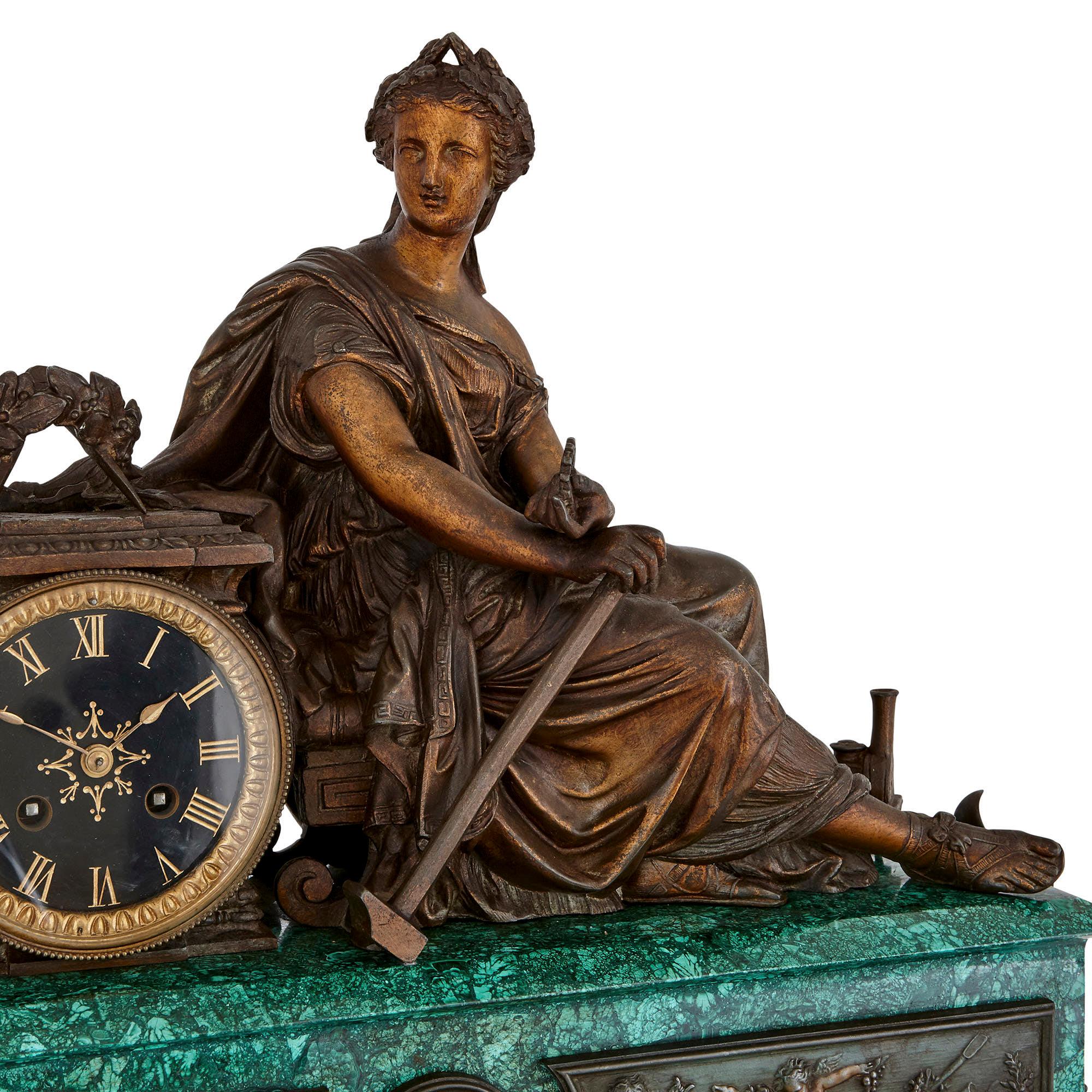 Neoclassical Antique Malachite, Gilt and Patinated Spelter Mantel Clock For Sale
