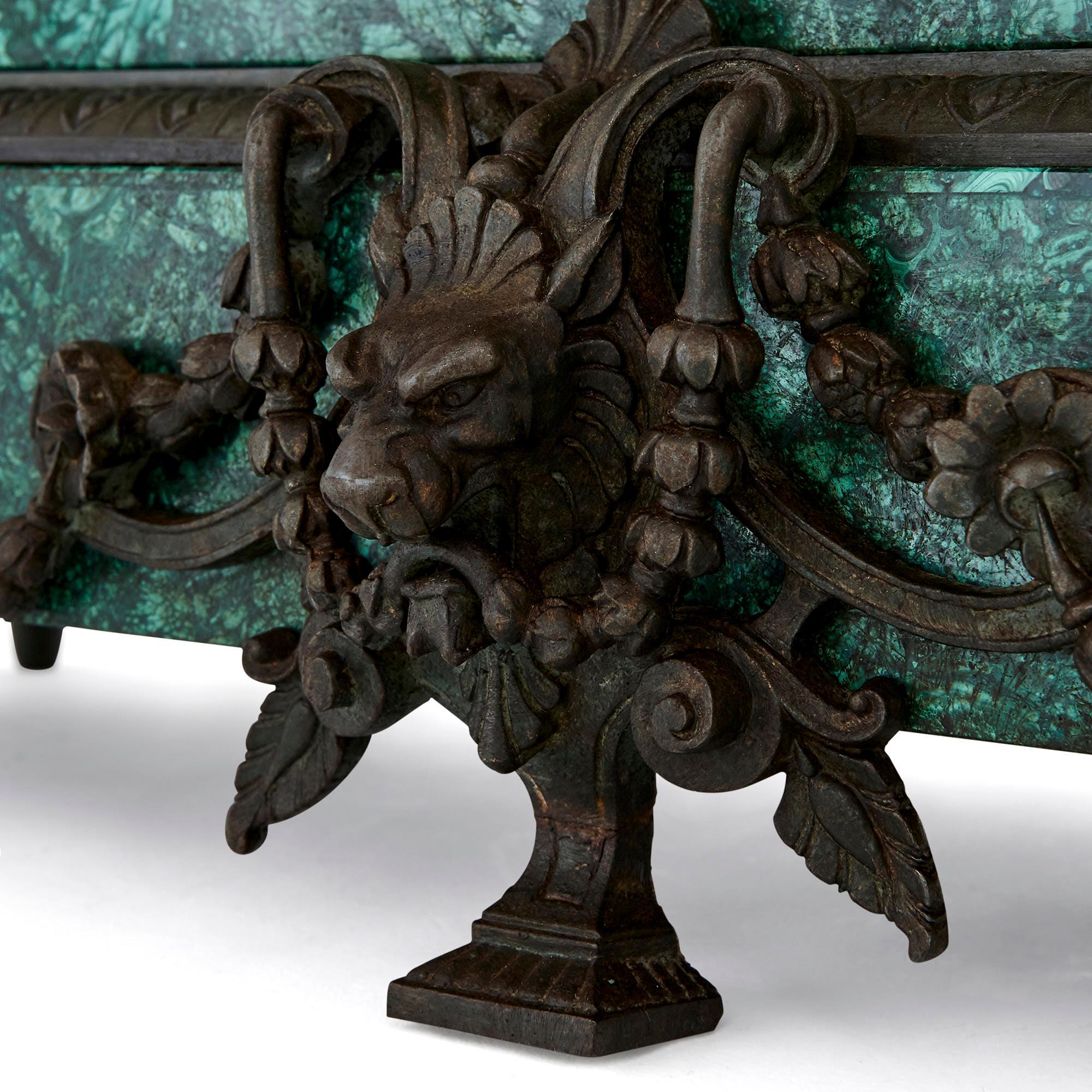 19th Century Antique Malachite, Gilt and Patinated Spelter Mantel Clock For Sale