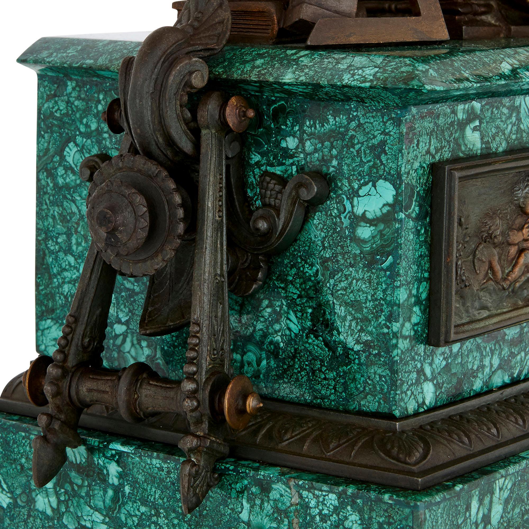 Antique Malachite, Gilt and Patinated Spelter Mantel Clock For Sale 1