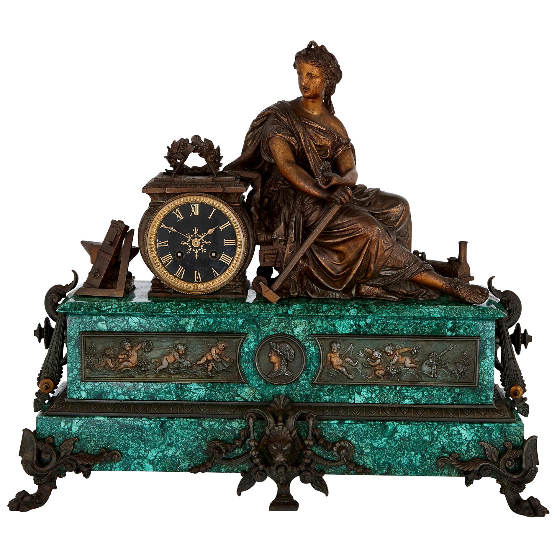 Antique Malachite, Gilt and Patinated Spelter Mantel Clock