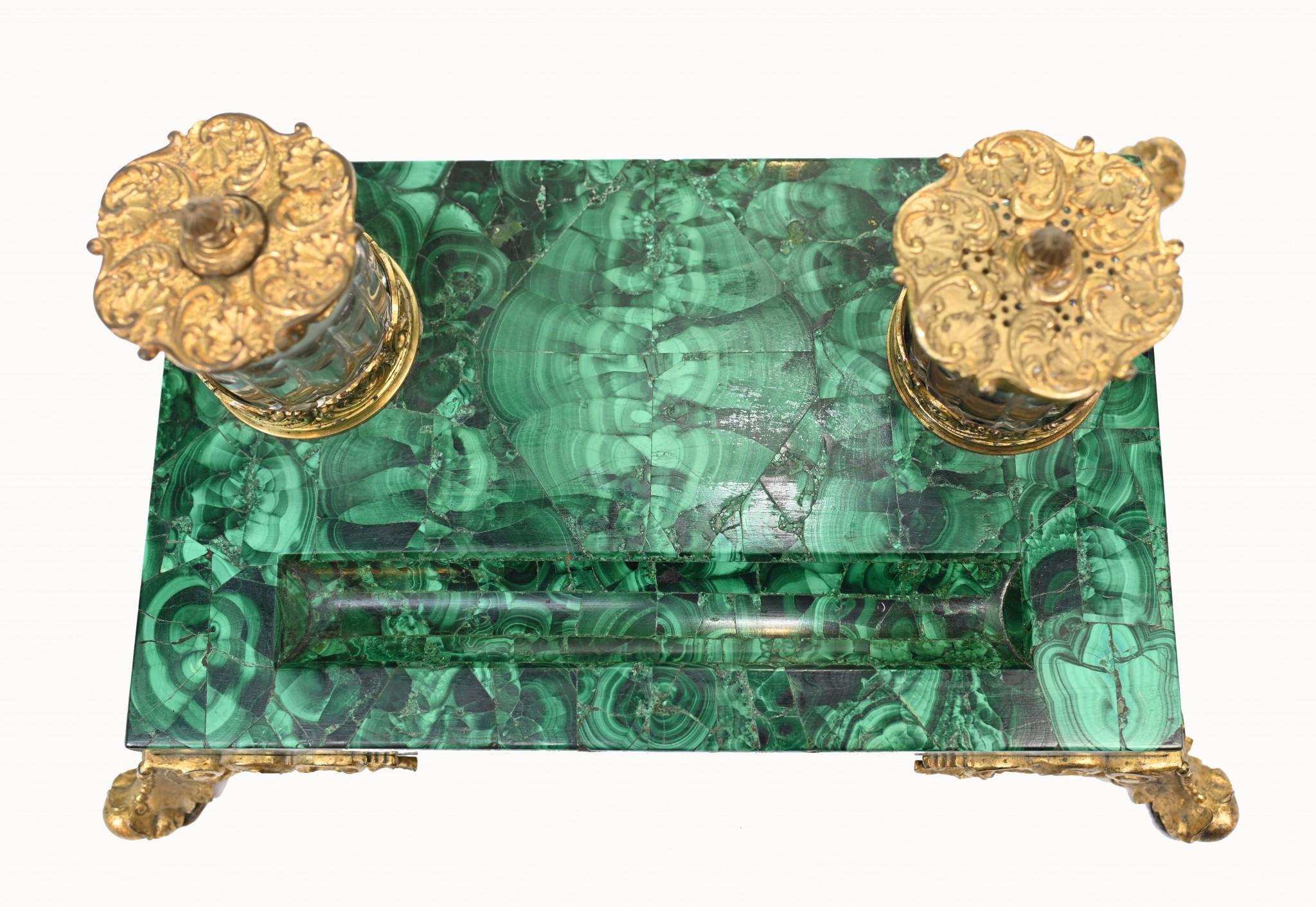 Antique Malachite Inkwell Desk Set French Inkstand For Sale 5