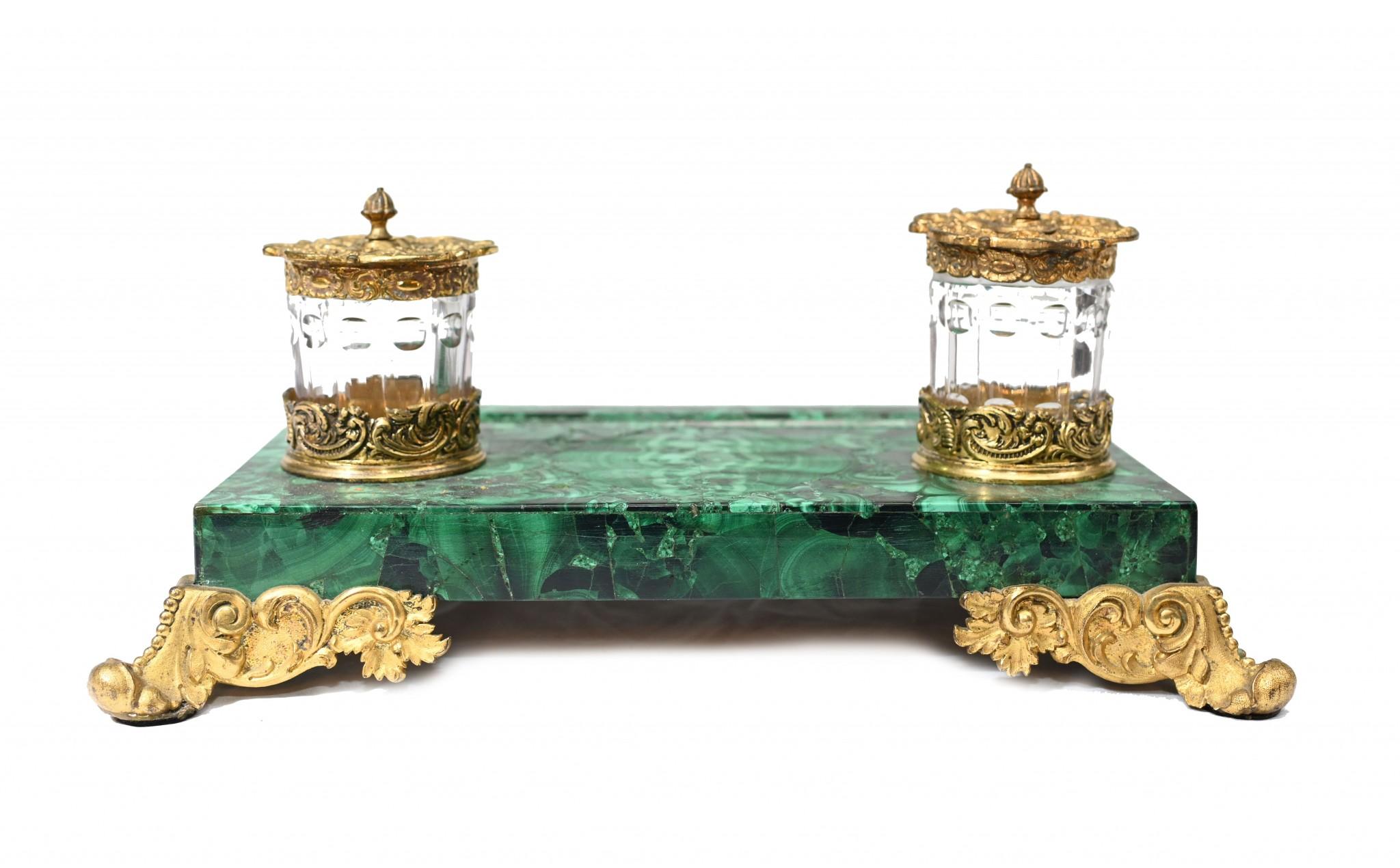 Antique Malachite Inkwell Desk Set French Inkstand For Sale 8