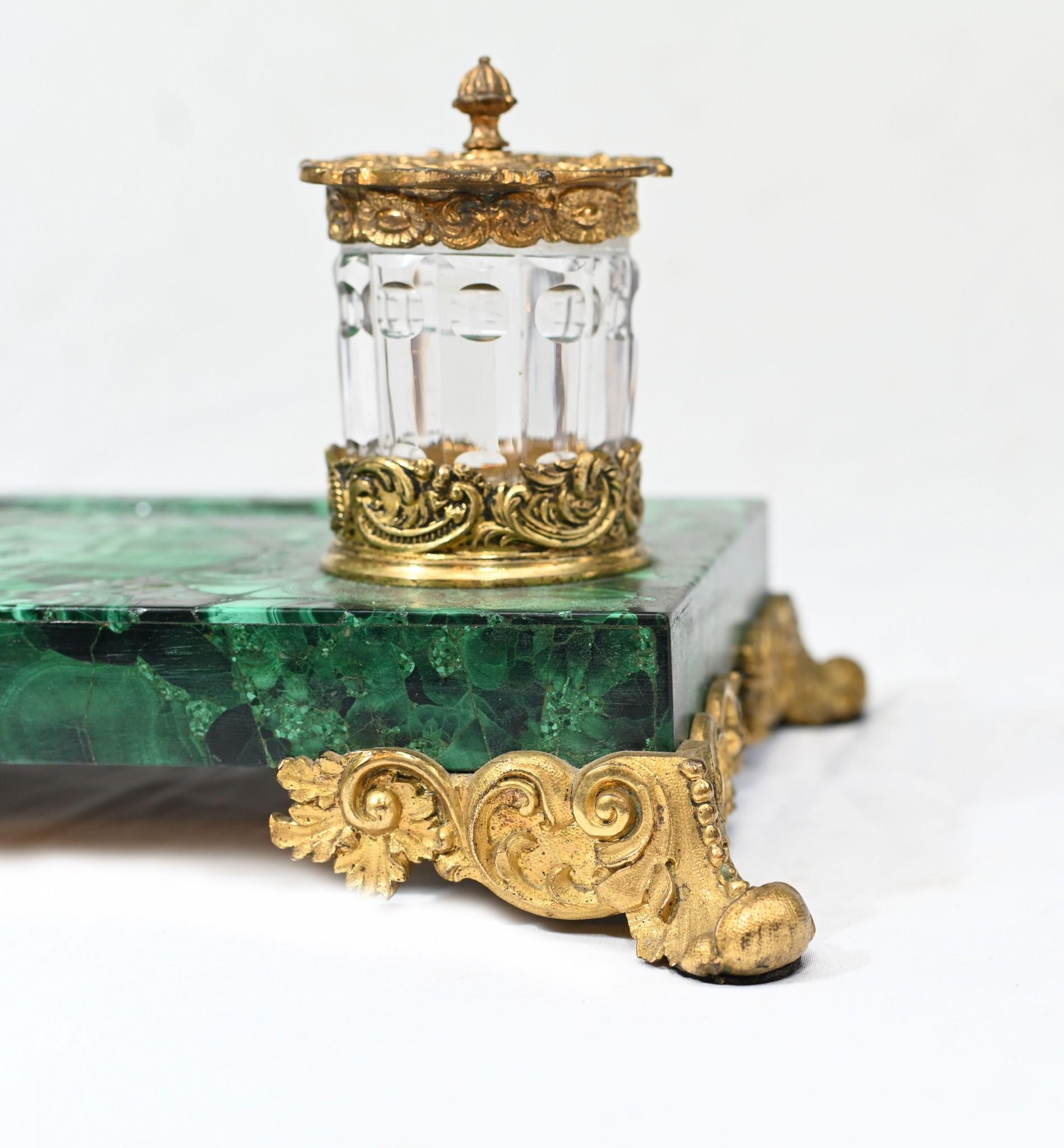 Antique Malachite Inkwell Desk Set French Inkstand For Sale 9