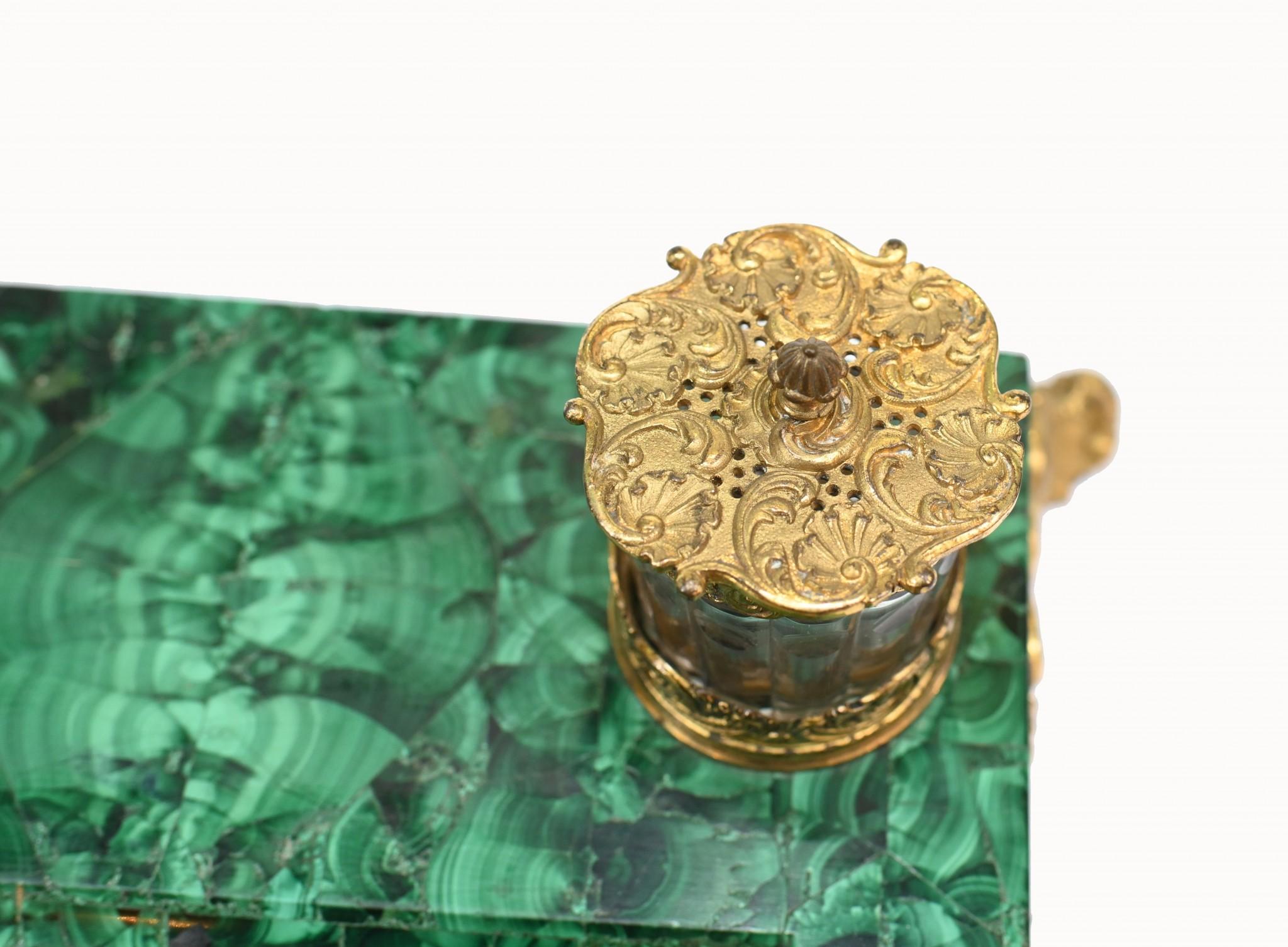 Antique Malachite Inkwell Desk Set French Inkstand In Good Condition For Sale In Potters Bar, GB