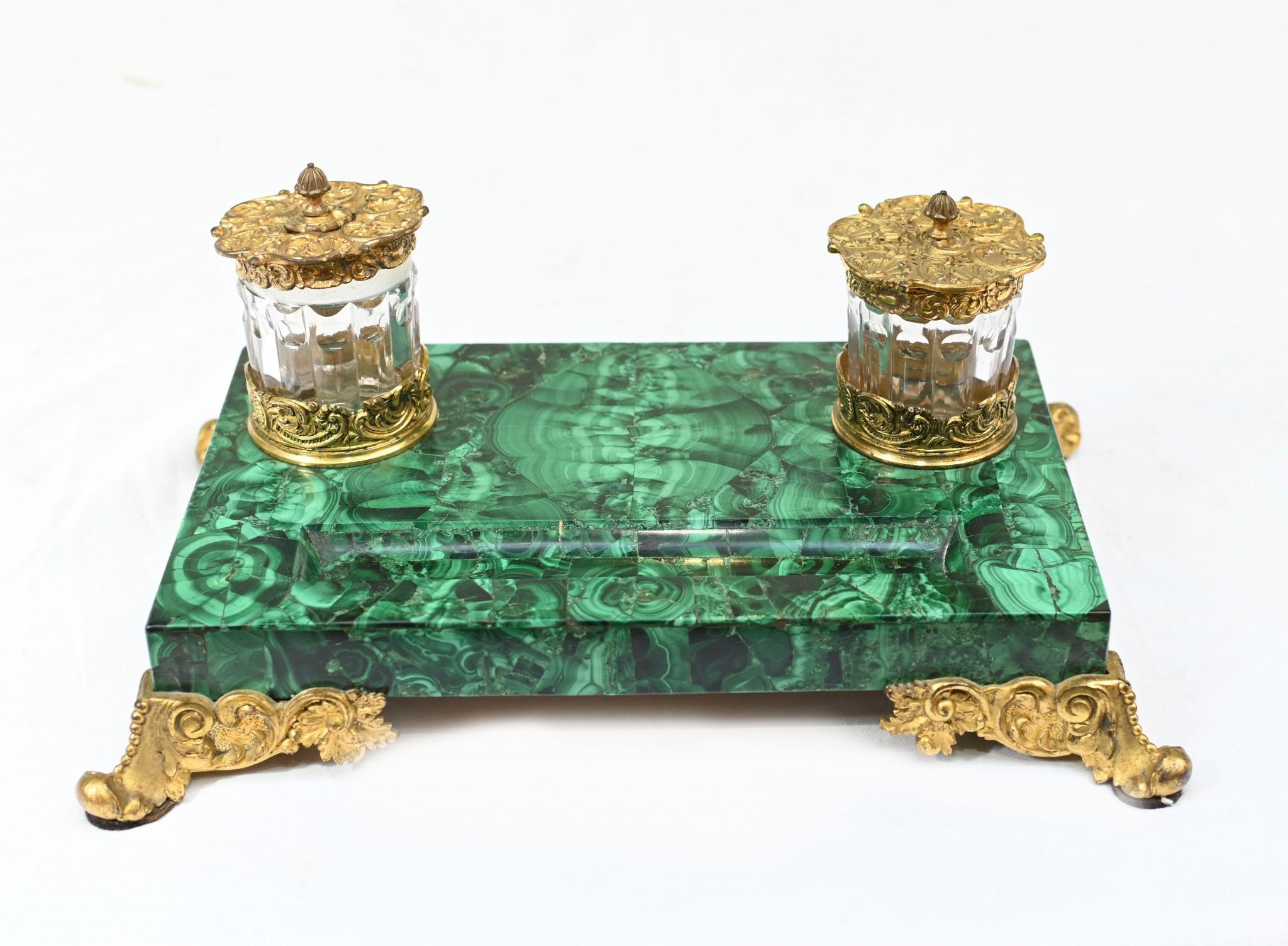 Late 19th Century Antique Malachite Inkwell Desk Set French Inkstand For Sale