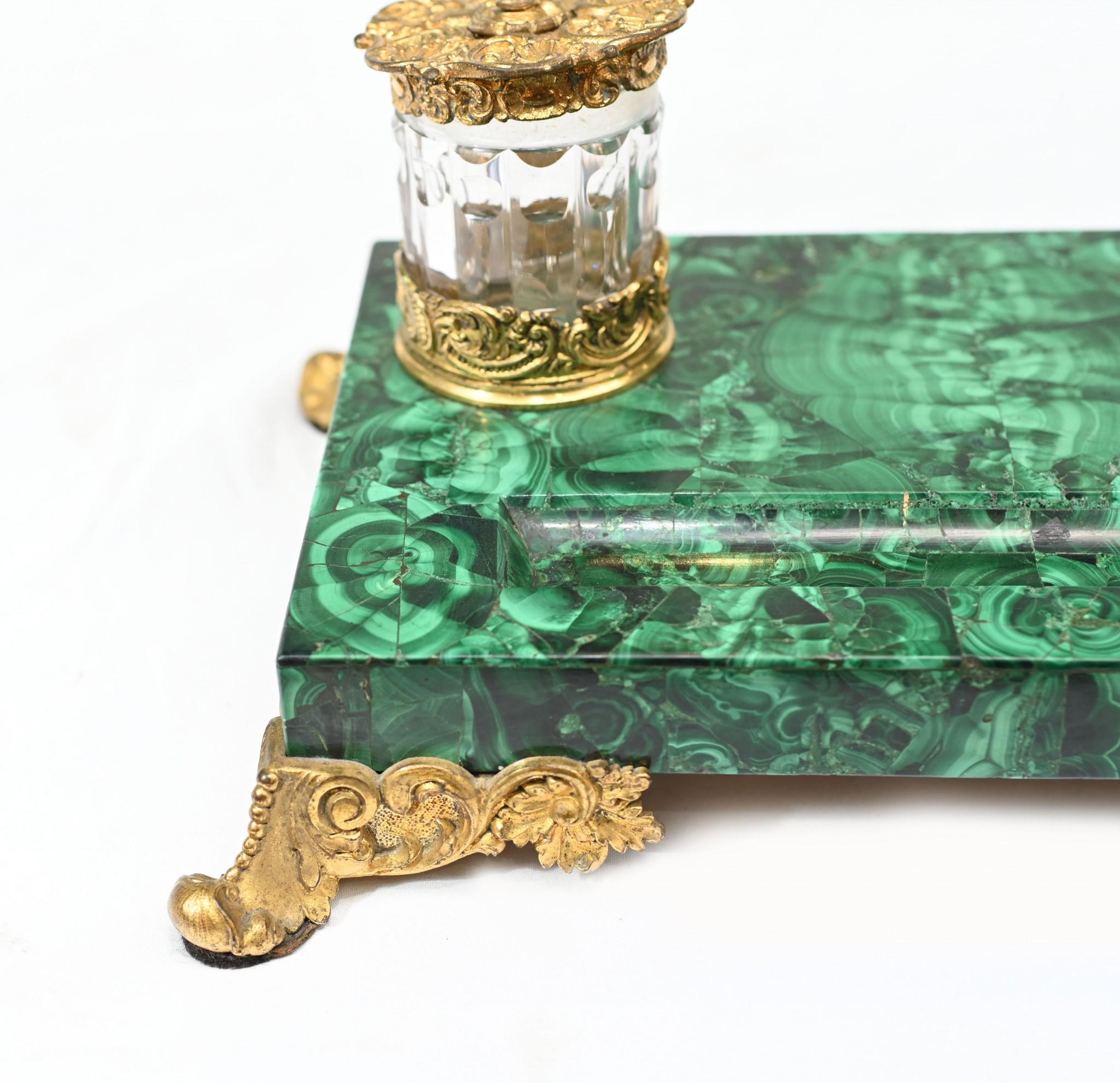 Antikes Malachit-Tintenfass-Schreibtisch-Set aus französischem Tintenfass im Angebot 2