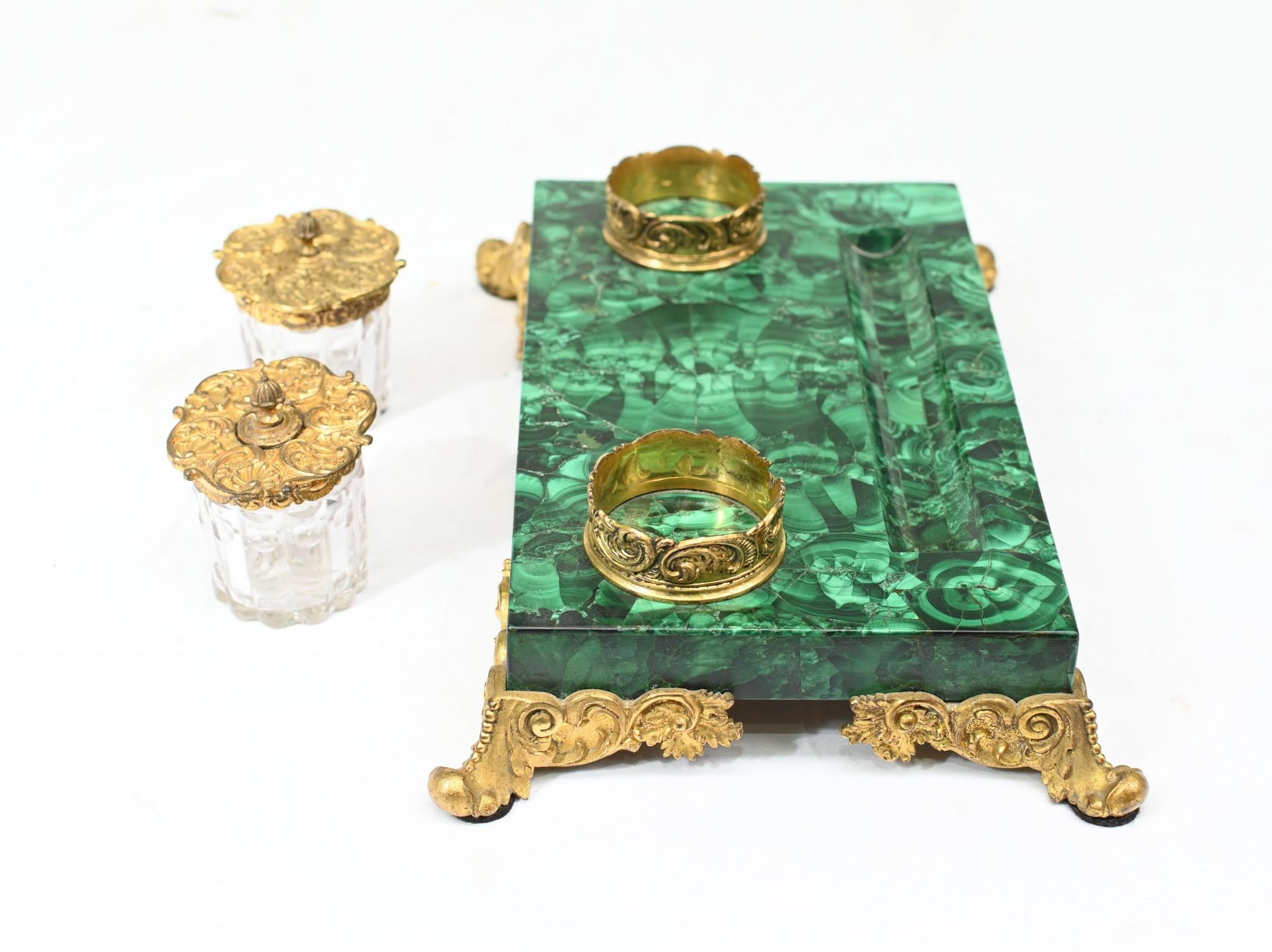 Antique Malachite Inkwell Desk Set French Inkstand For Sale 3