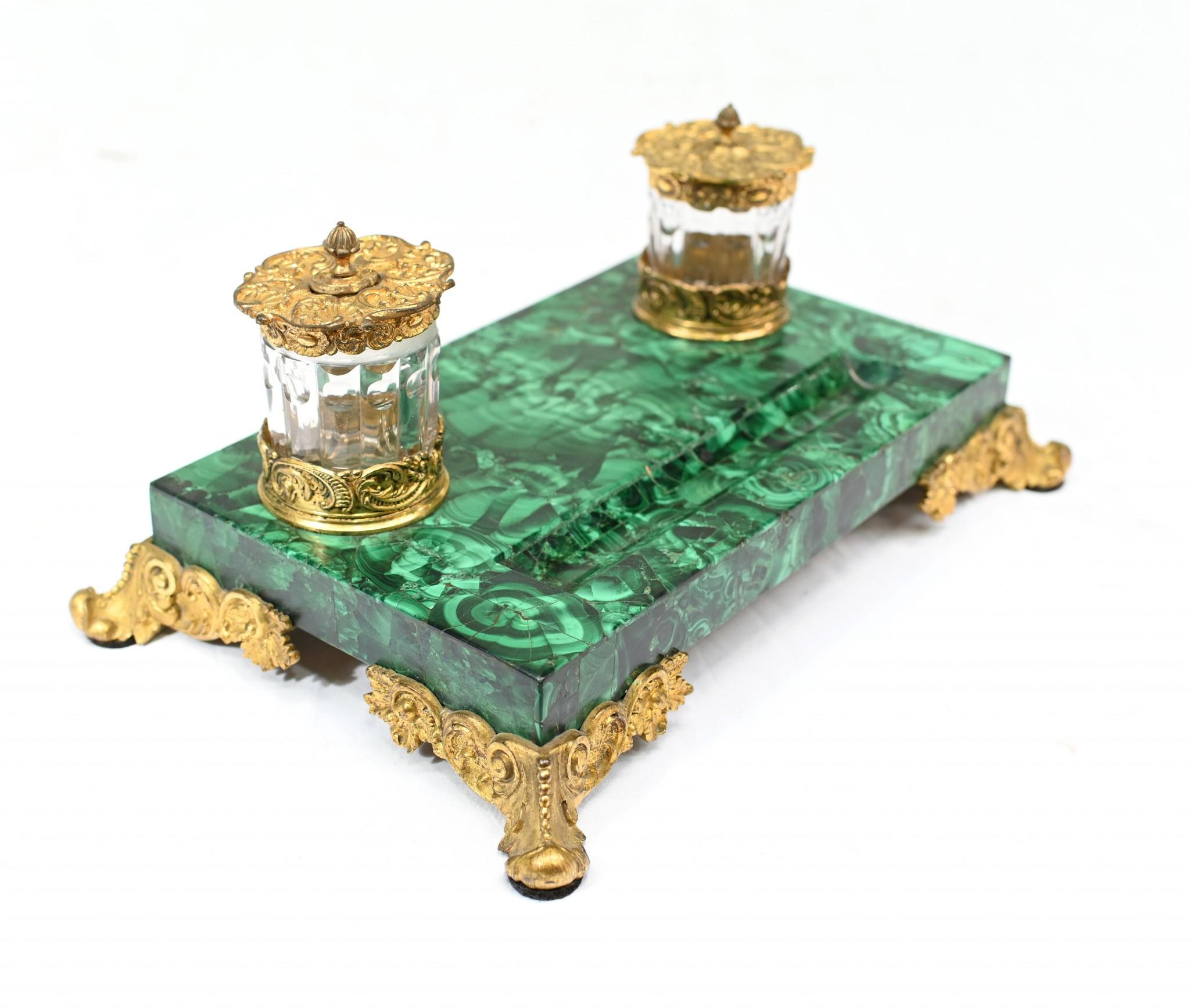 Antique Malachite Inkwell Desk Set French Inkstand For Sale 4