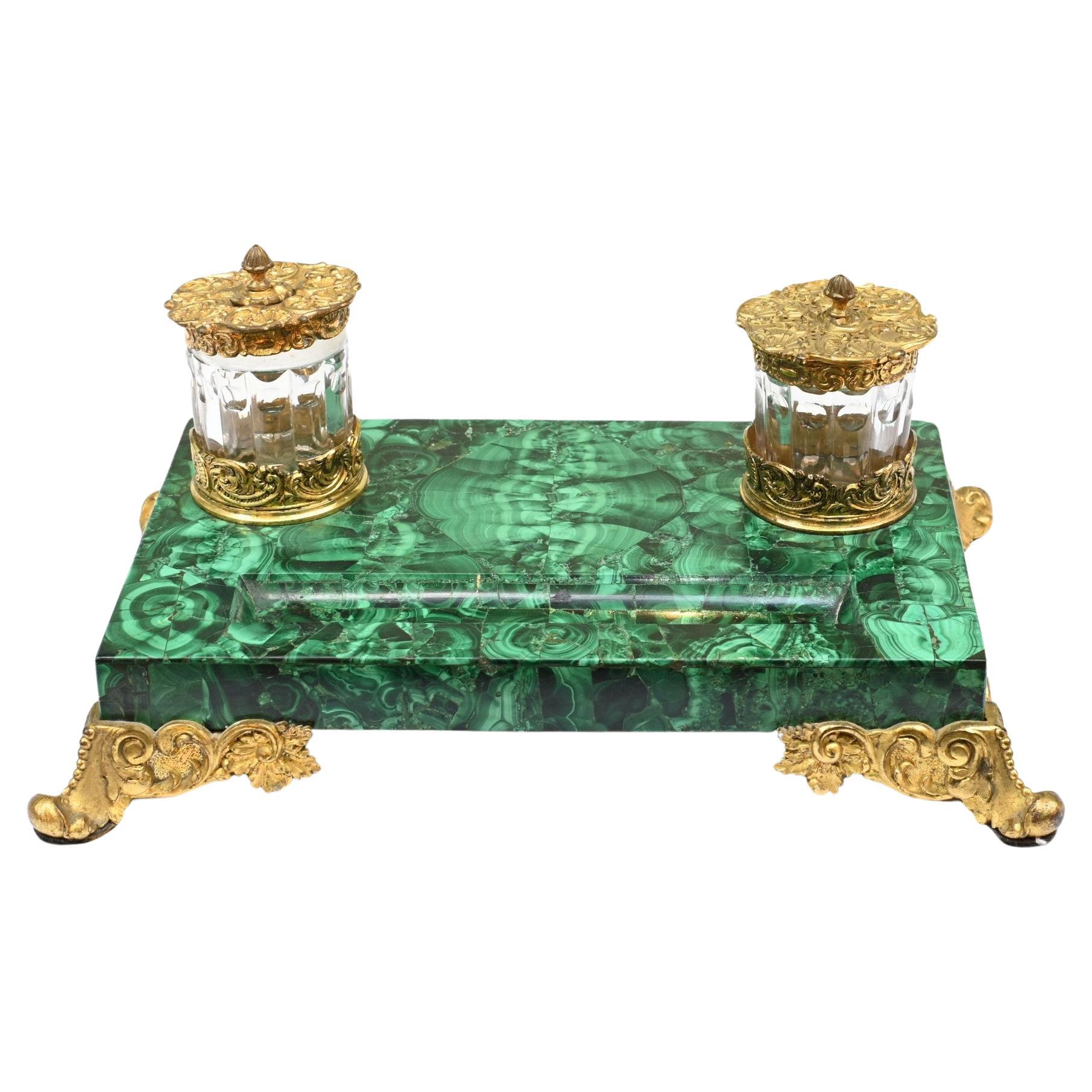 Antique Malachite Inkwell Desk Set French Inkstand For Sale