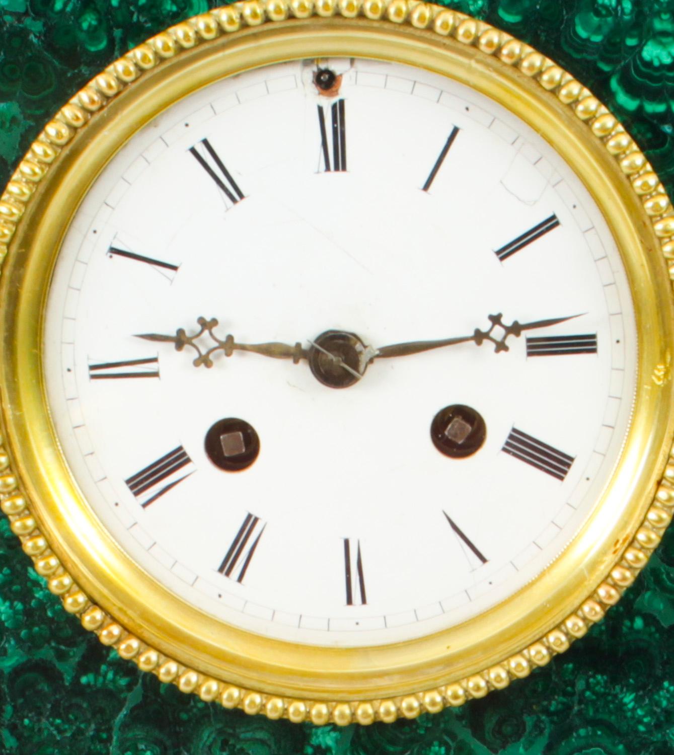 Antique Malachite Ormolu & Bronze Mantel Clock Silk Suspension Movement, 19th C For Sale 6