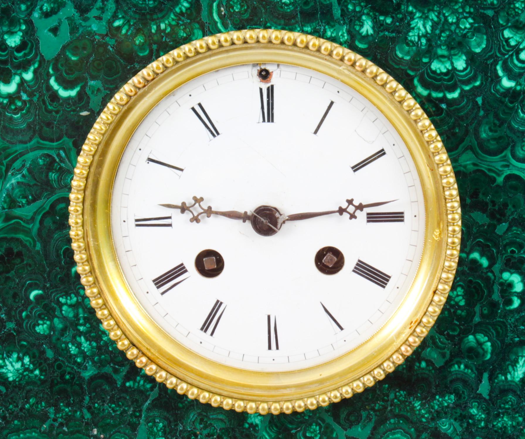 Antique Malachite Ormolu & Bronze Mantel Clock Silk Suspension Movement, 19th C For Sale 7
