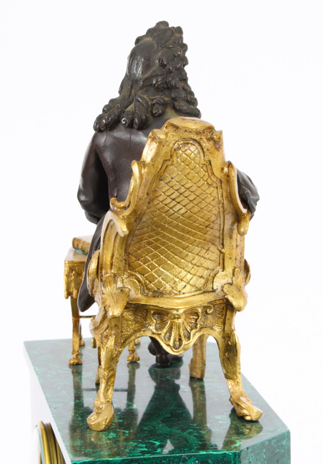 Antique Malachite Ormolu & Bronze Mantel Clock Silk Suspension Movement, 19th C For Sale 11