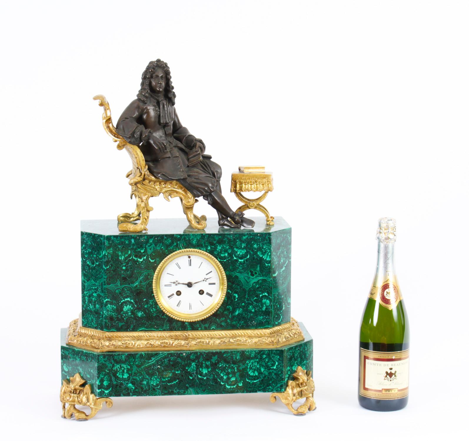 Antique Malachite Ormolu & Bronze Mantel Clock Silk Suspension Movement, 19th C For Sale 15