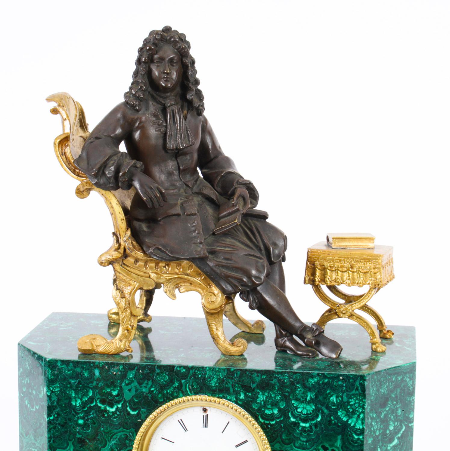French Antique Malachite Ormolu & Bronze Mantel Clock Silk Suspension Movement, 19th C For Sale
