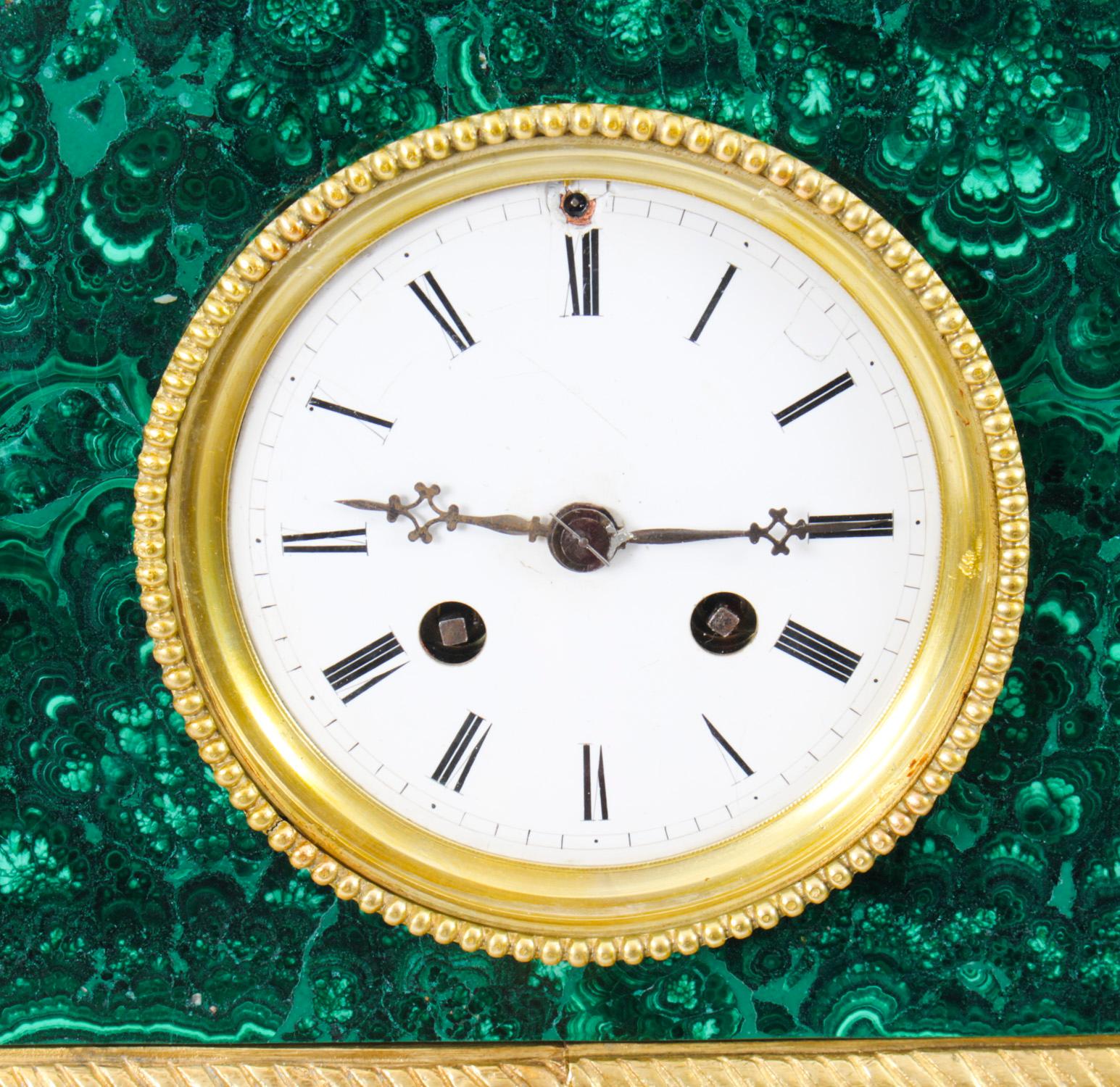 Antique Malachite Ormolu & Bronze Mantel Clock Silk Suspension Movement, 19th C For Sale 1