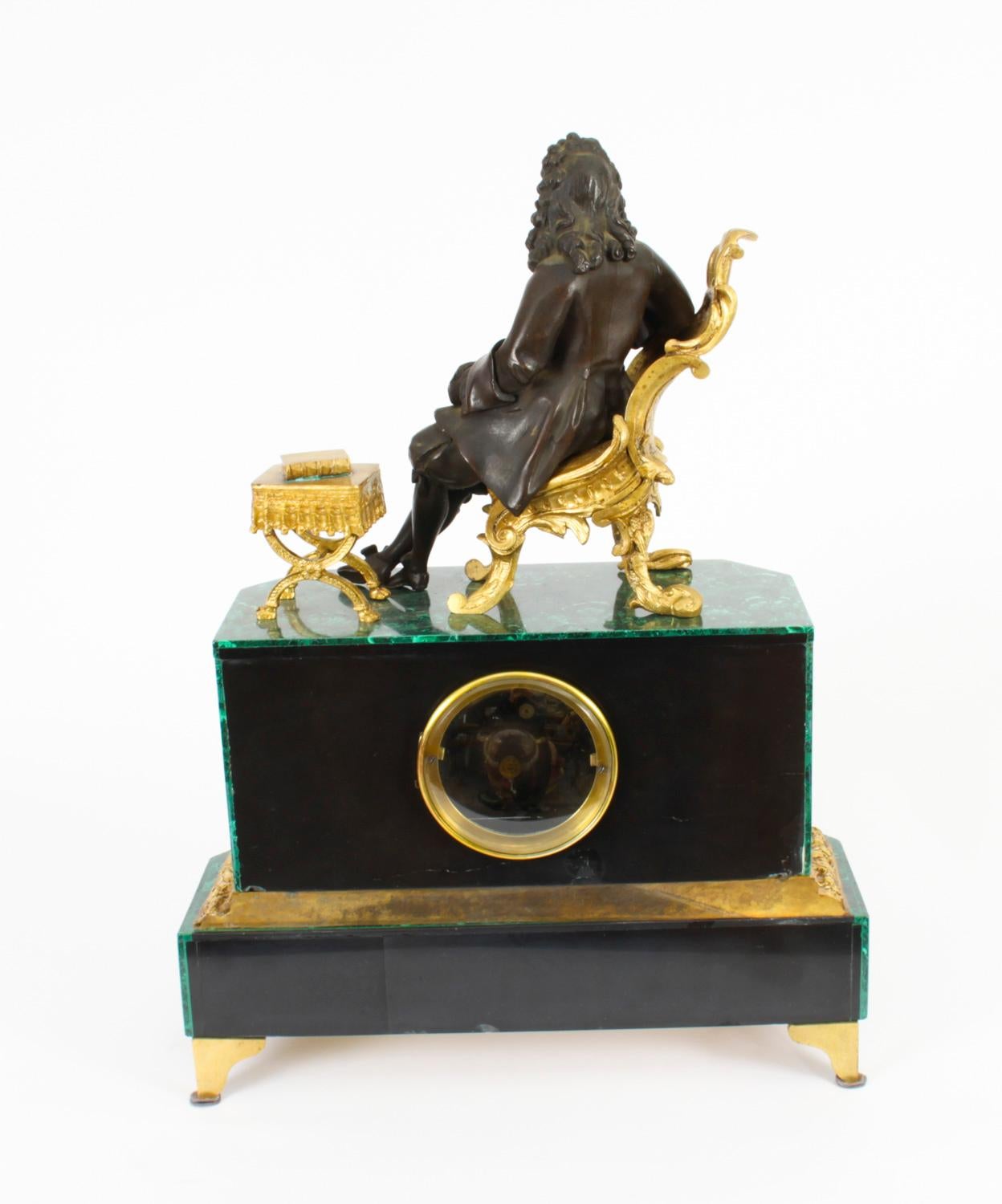 Antique Malachite Ormolu & Bronze Mantel Clock Silk Suspension Movement, 19th C For Sale 2