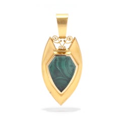 Antique Malachite Shield Locket Pendant, 14KT Yellow Gold
