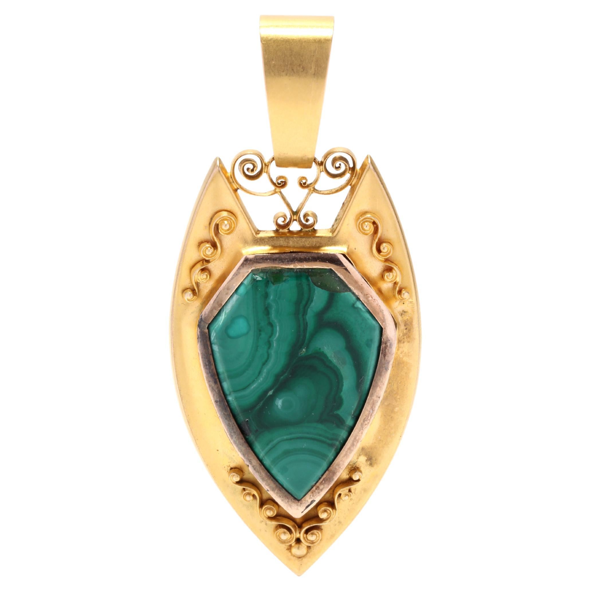 Antique Malachite Shield Locket Pendant, 14KT Yellow Gold For Sale