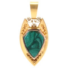 Retro Malachite Shield Locket Pendant, 14KT Yellow Gold