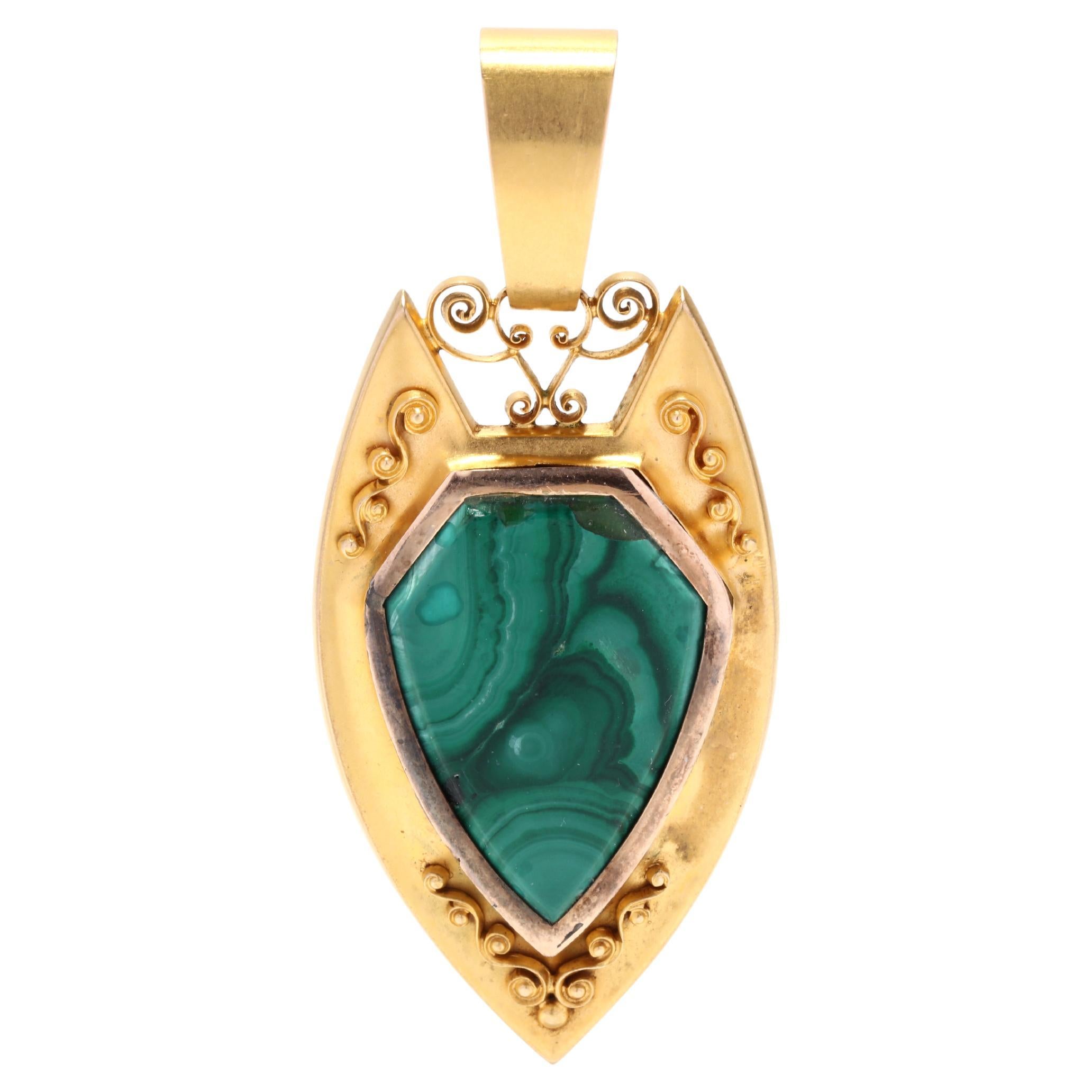 Antique Malachite Shield Locket Pendant, 14KT Yellow Gold