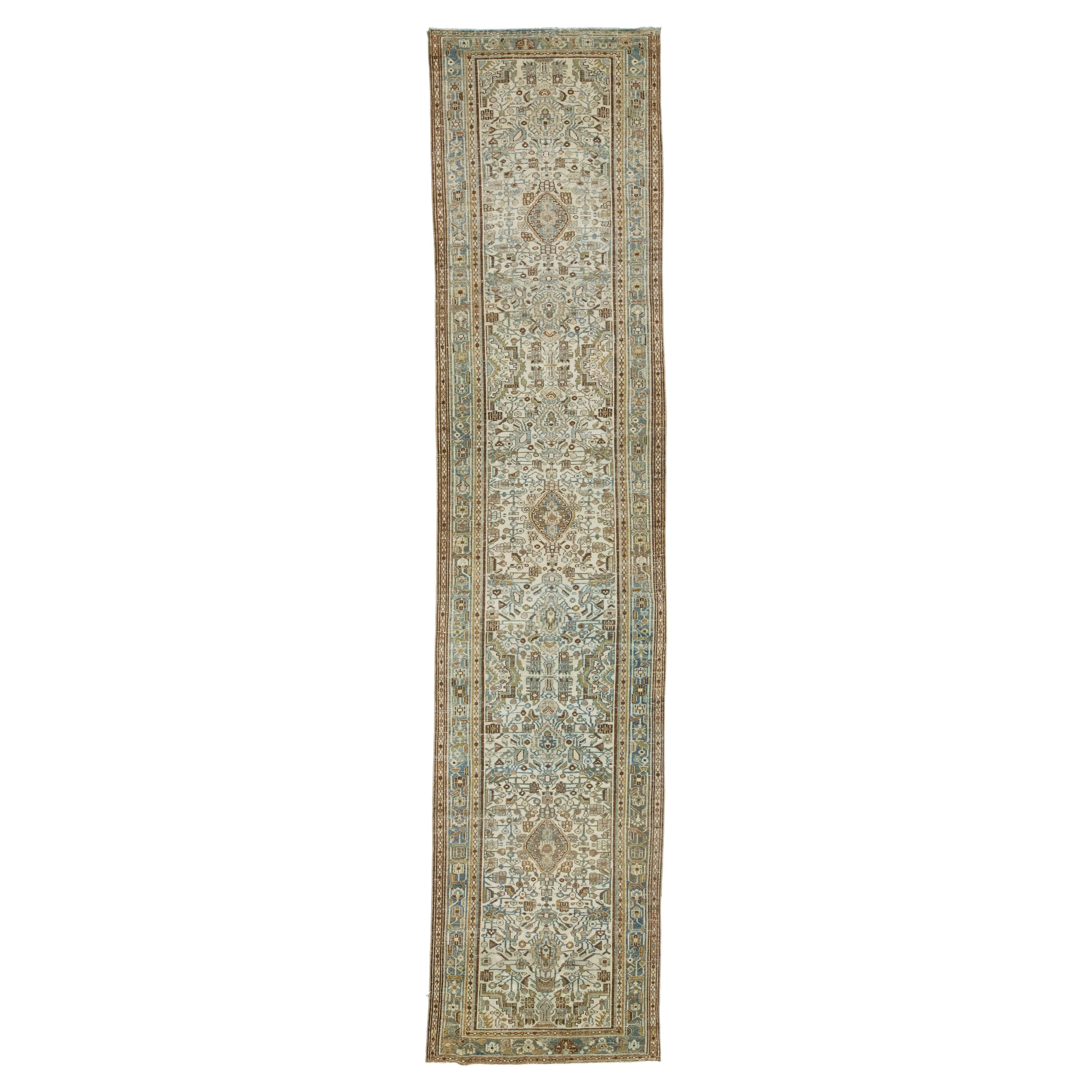 Antique Malayer Beige Long Wool Runner With Allover Floral Design