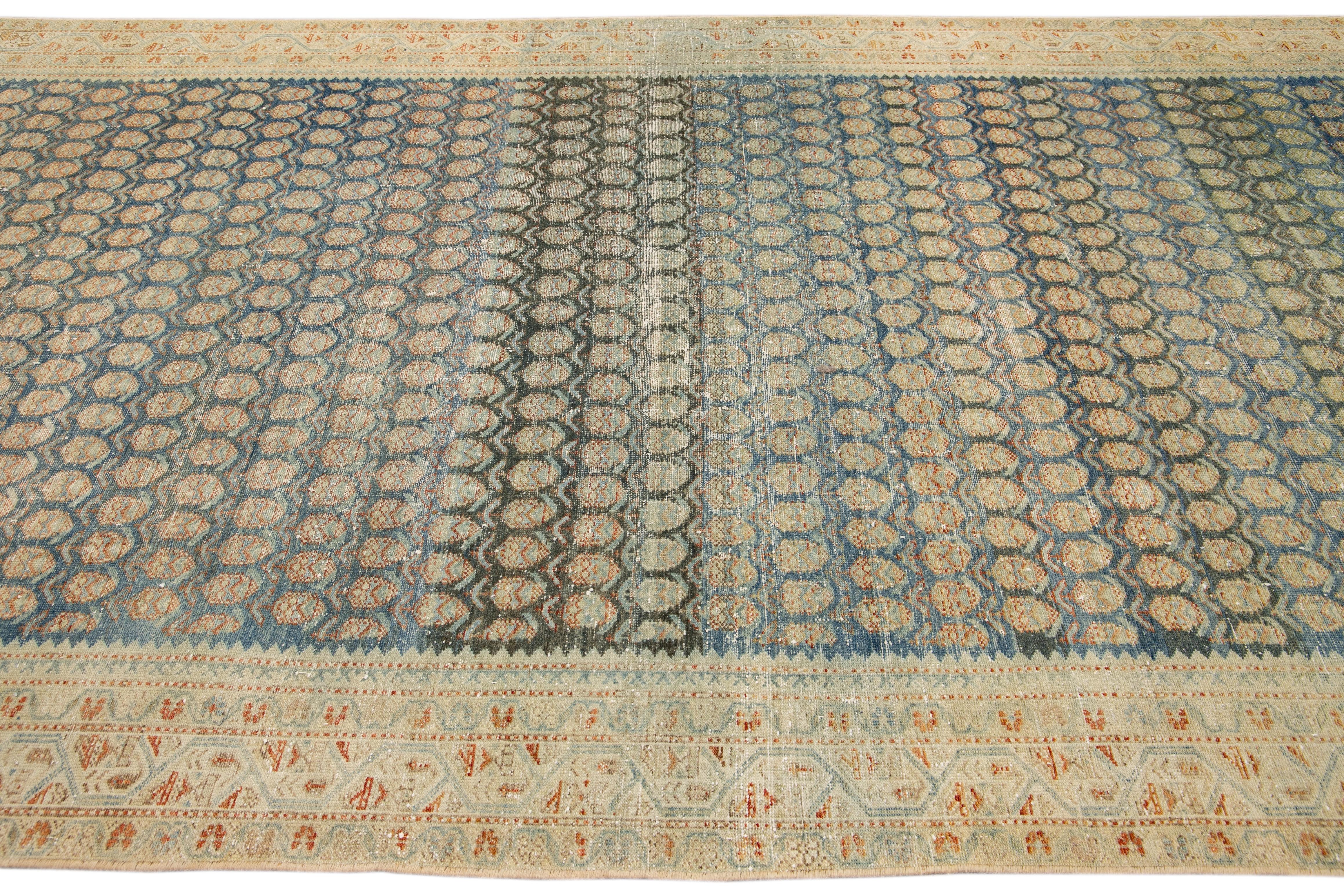 Antique Malayer Blue Handmade Allover Designed Oversize Wool Rug In Good Condition For Sale In Norwalk, CT