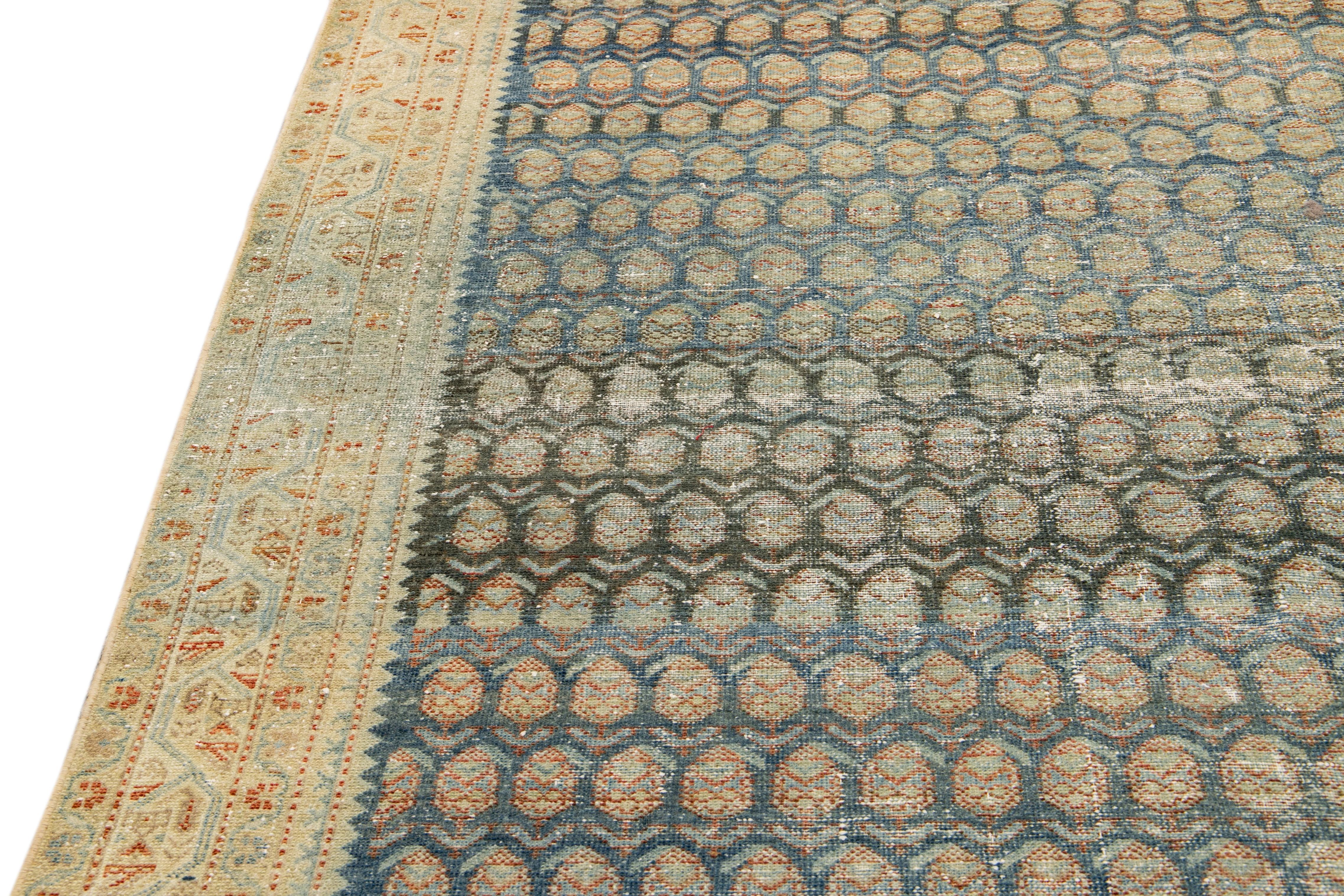 Antique Malayer Blue Handmade Allover Designed Oversize Wool Rug For Sale 1