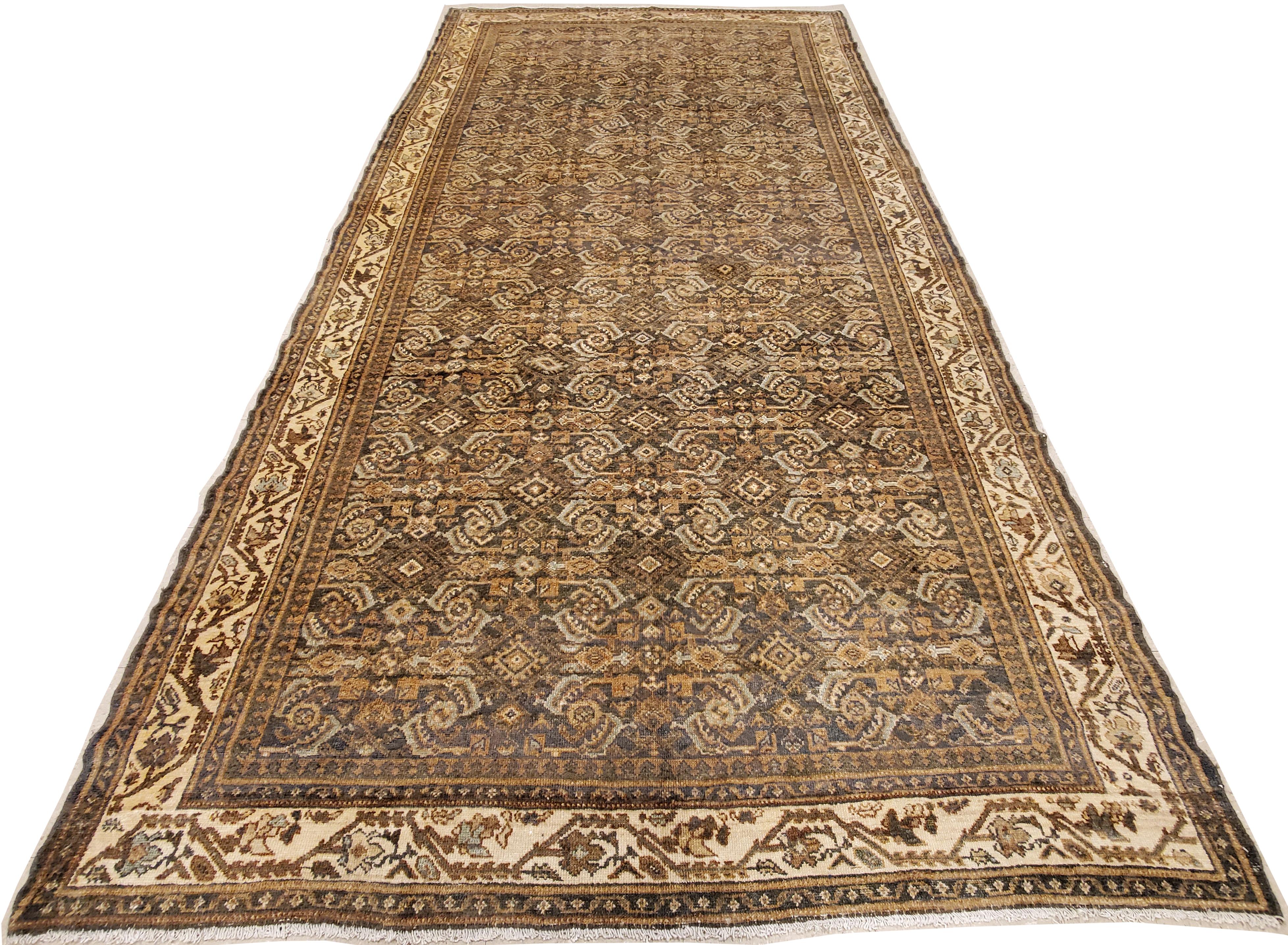 Antique Malayer Carpet, Handmade Oriental Rug, Green, Gray, Taupe, Fine Allover For Sale 2