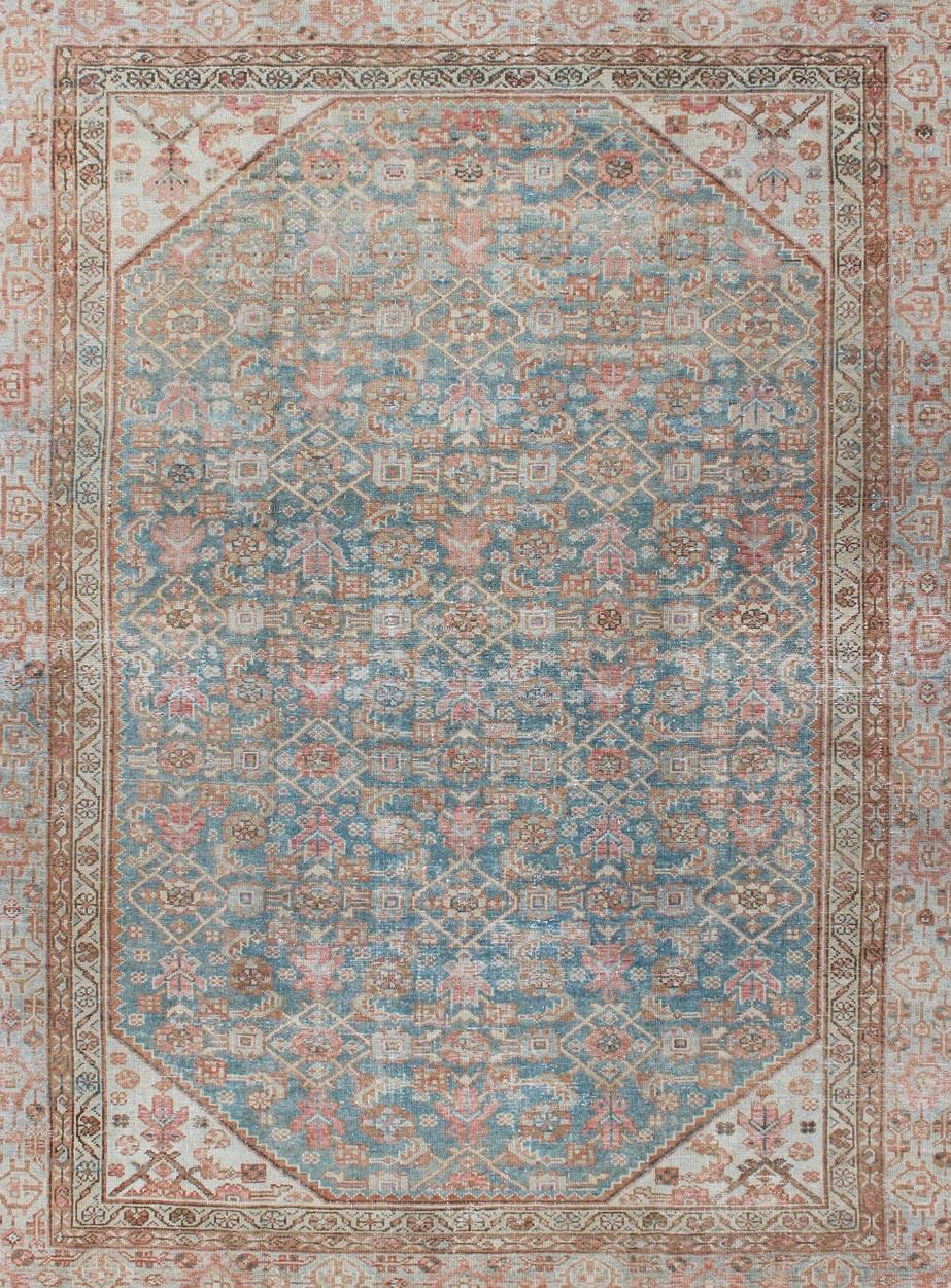 Persian Antique Malayer Carpet with All-Over Design in Blue Gray Tones For Sale