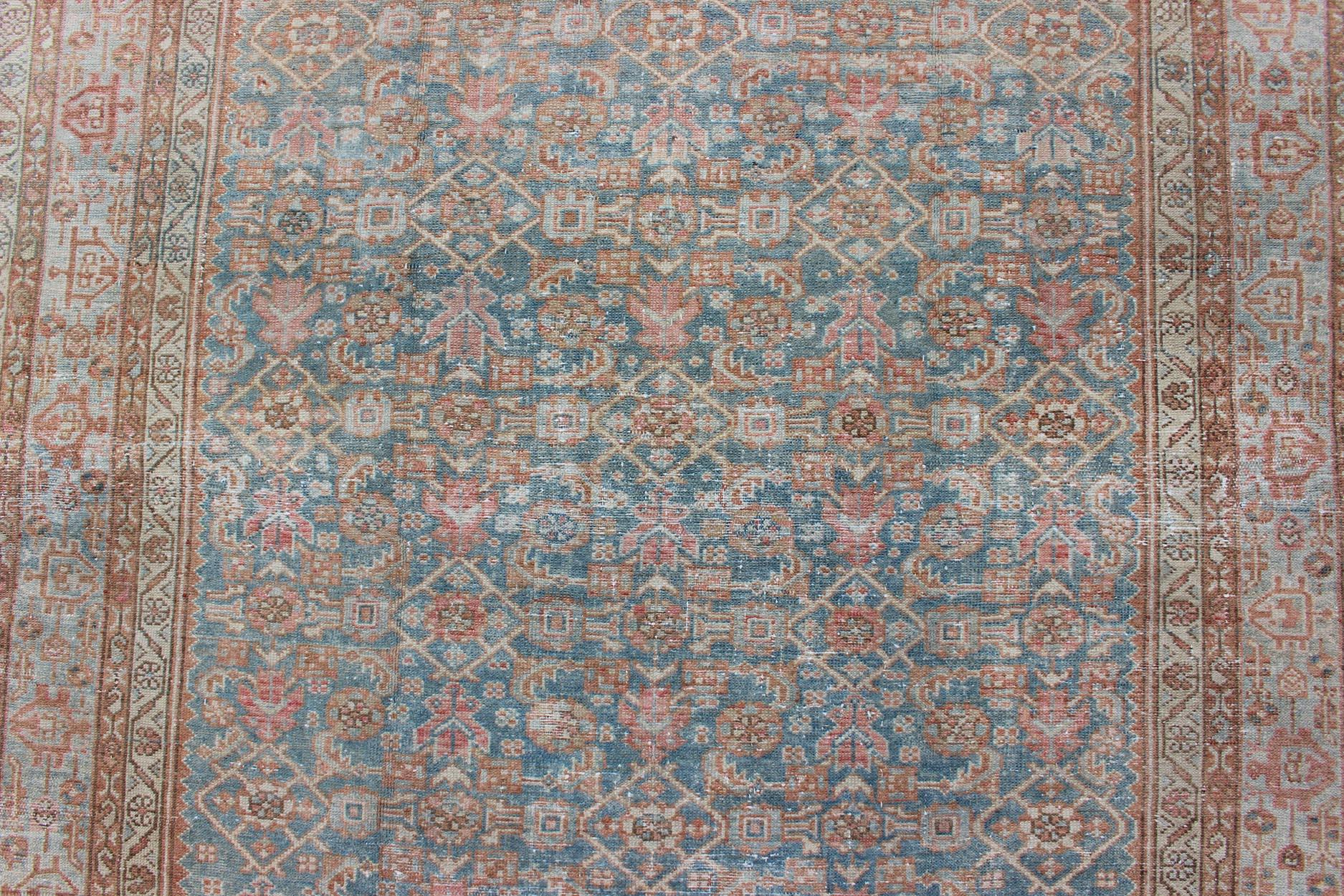 Wool Antique Malayer Carpet with All-Over Design in Blue Gray Tones For Sale