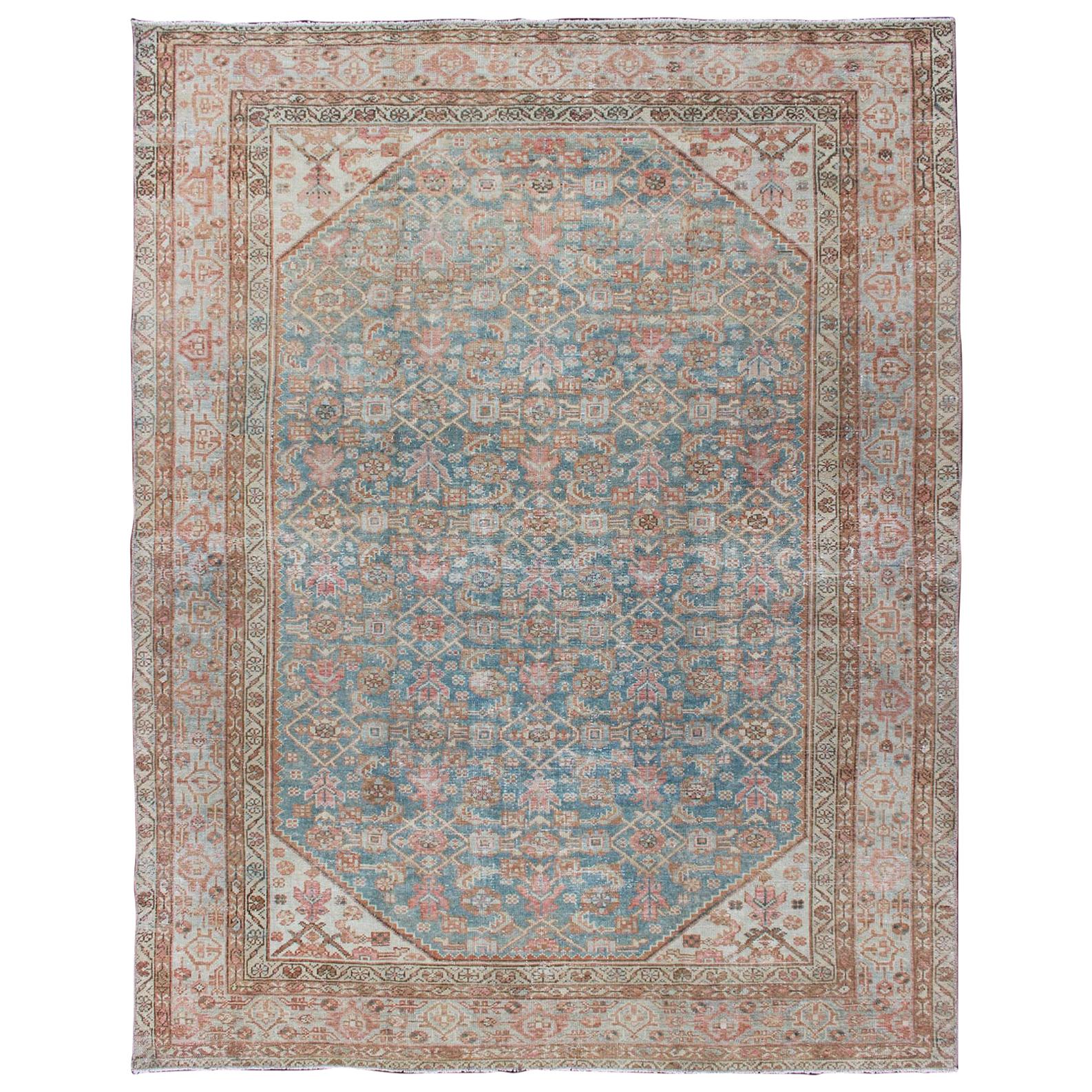 Antiker Malayer-Teppich mit All-Over-Design in Blau-Grau-Tönen im Angebot