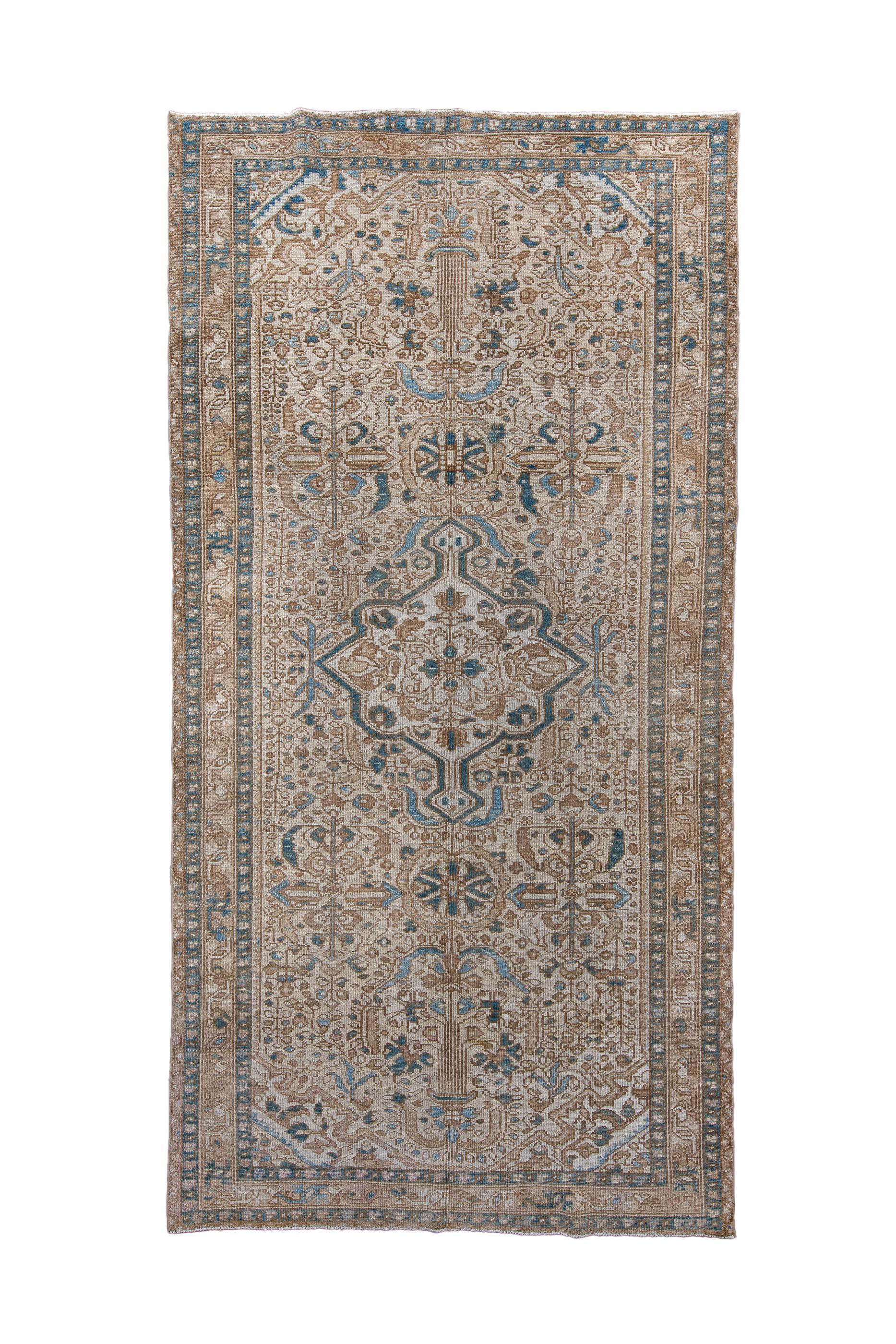 Un médaillon écru lobé et à bouton-pendentif avec  un bourgeon central cruciforme, est enchâssé dans  un champ en coquille d'œuf avec un remplissage dense de rosettes, de feuilles, de plantes à fleurs, de tiges droites et d'autres dispositifs
