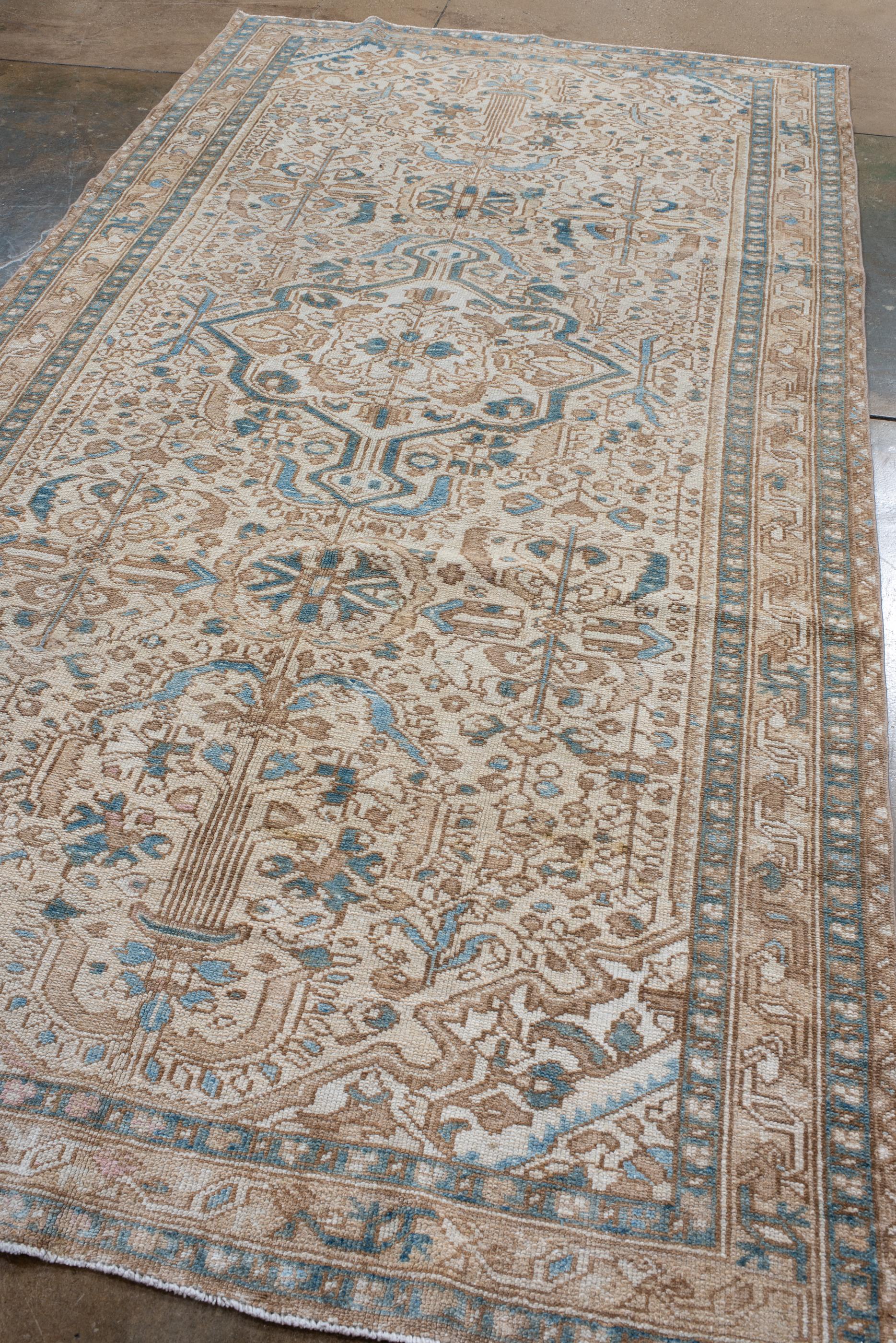 Persian Antique Malayer filled with Rosettes, with Blue and Ivory Color For Sale