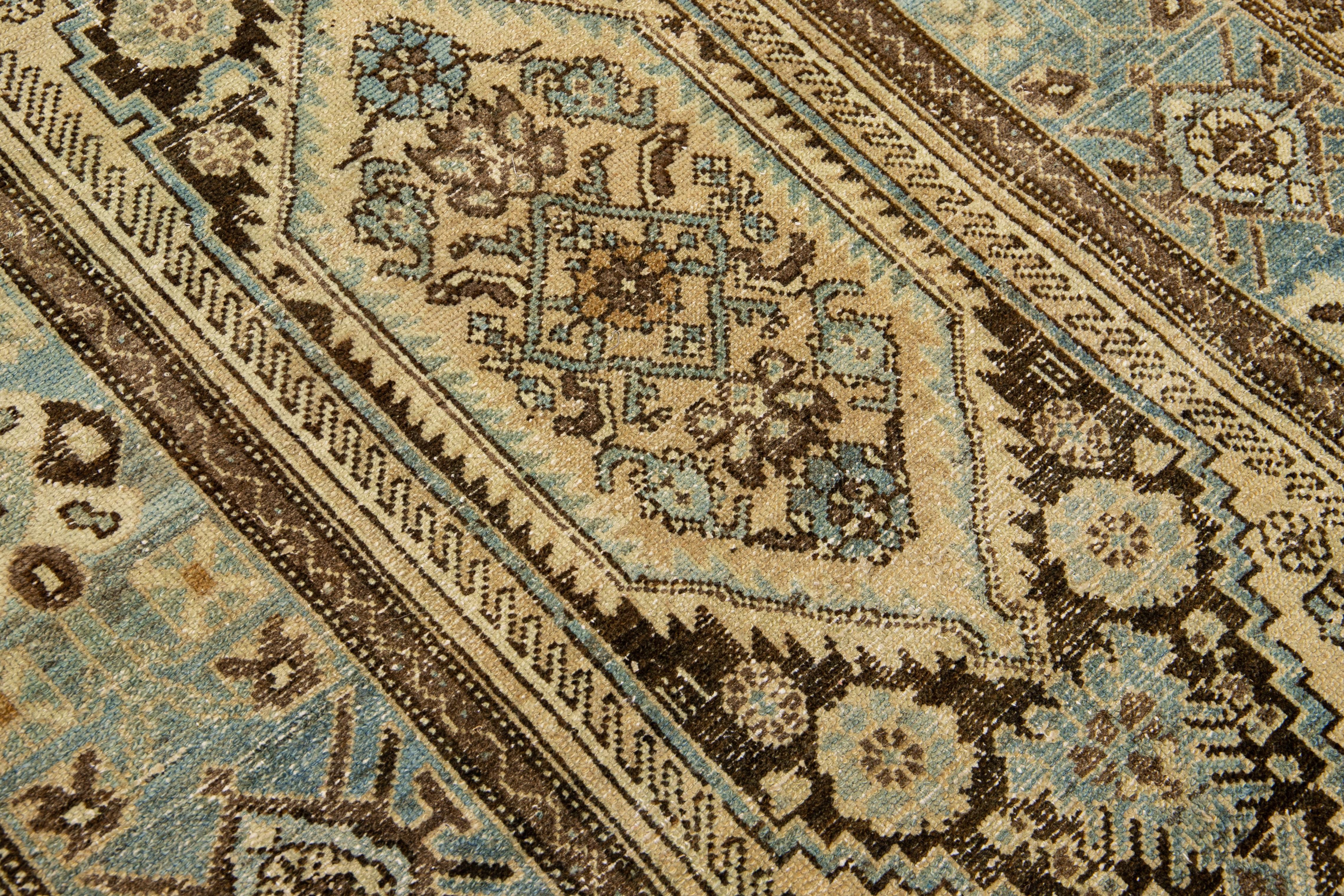 Antique Malayer Handmade Allover Designed Beige And Blue Wool Rug For Sale 3