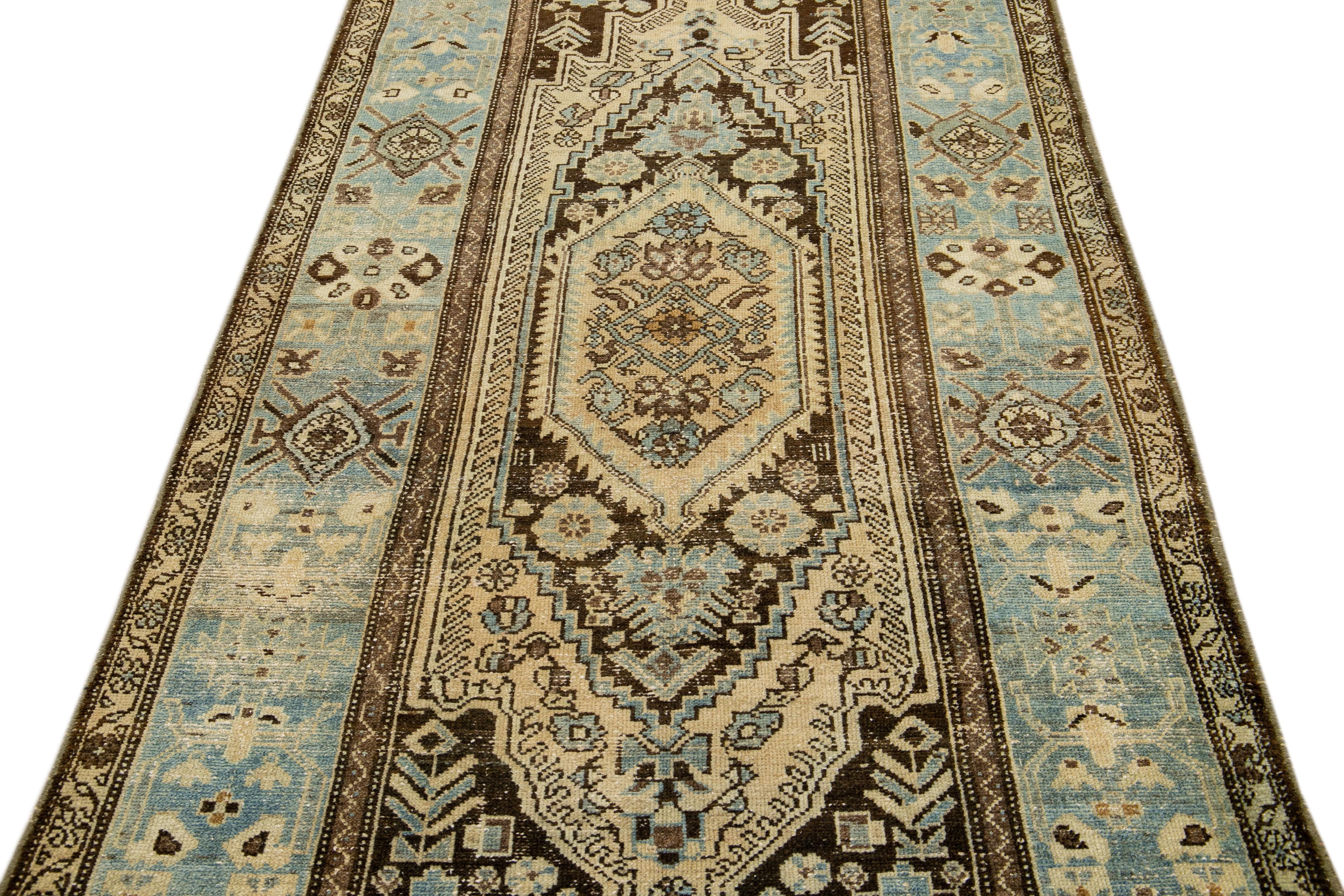 Islamic Antique Malayer Handmade Allover Designed Beige And Blue Wool Rug For Sale