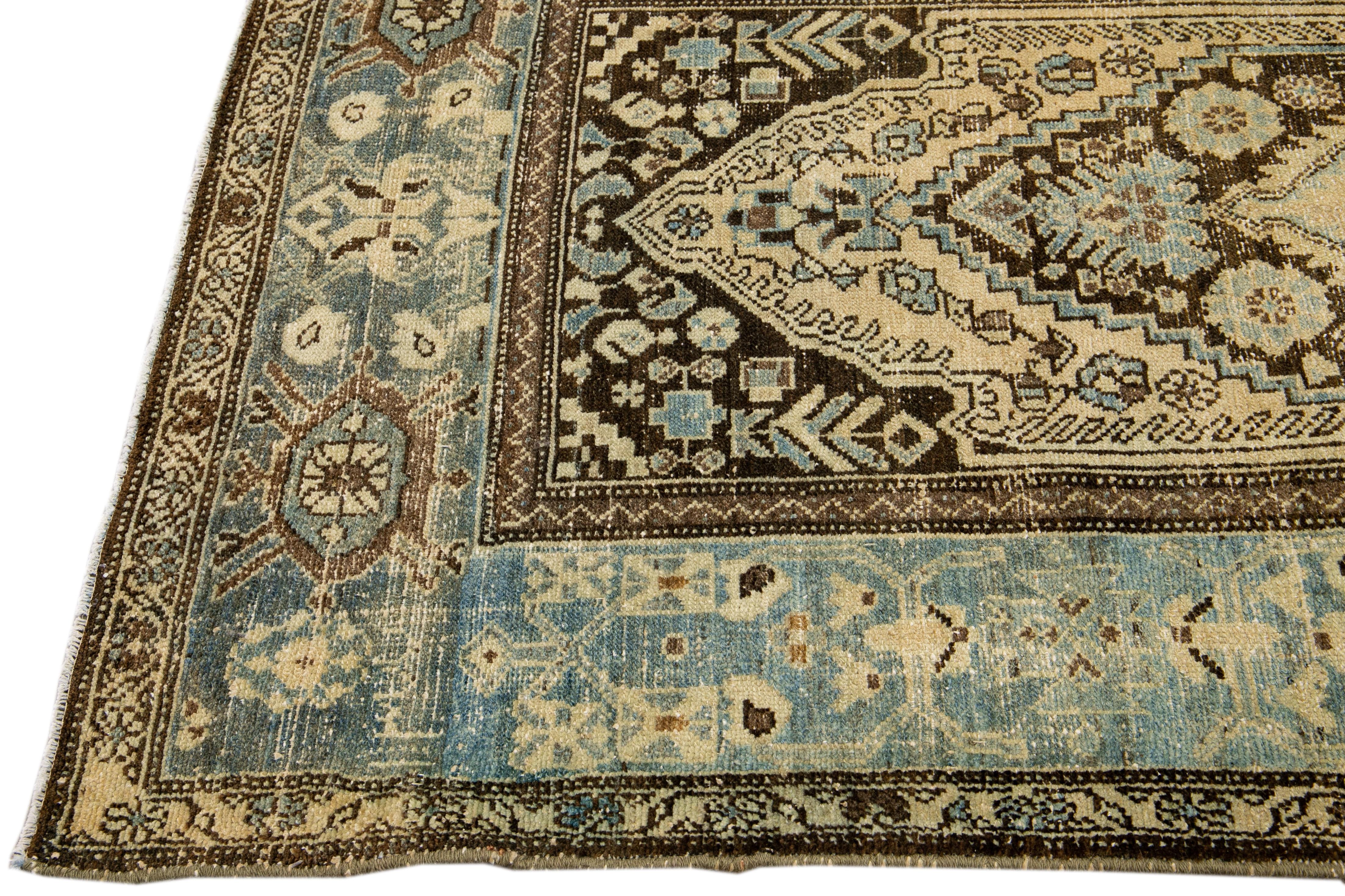 Persian Antique Malayer Handmade Allover Designed Beige And Blue Wool Rug For Sale