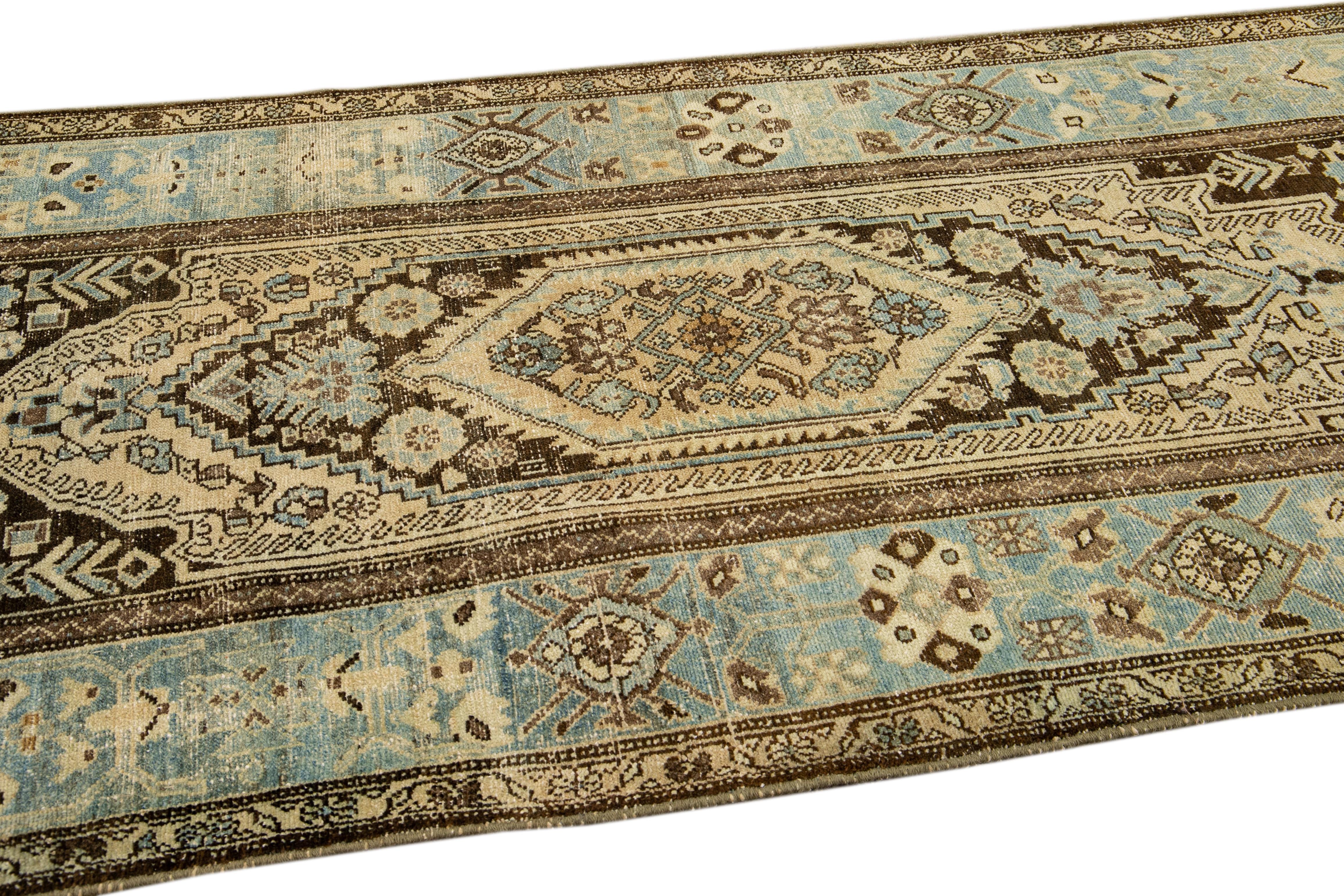 Hand-Knotted Antique Malayer Handmade Allover Designed Beige And Blue Wool Rug For Sale