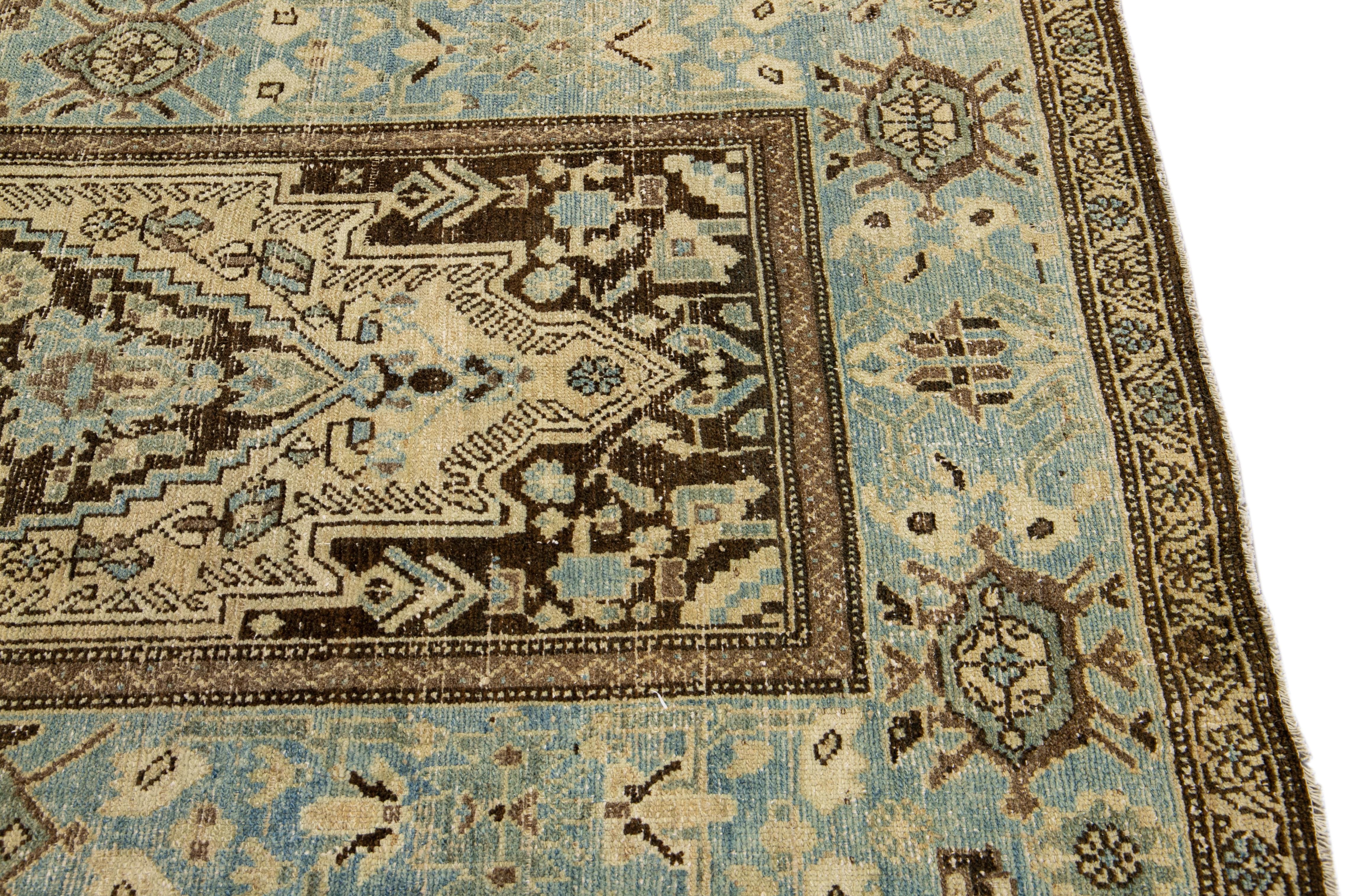 20th Century Antique Malayer Handmade Allover Designed Beige And Blue Wool Rug For Sale