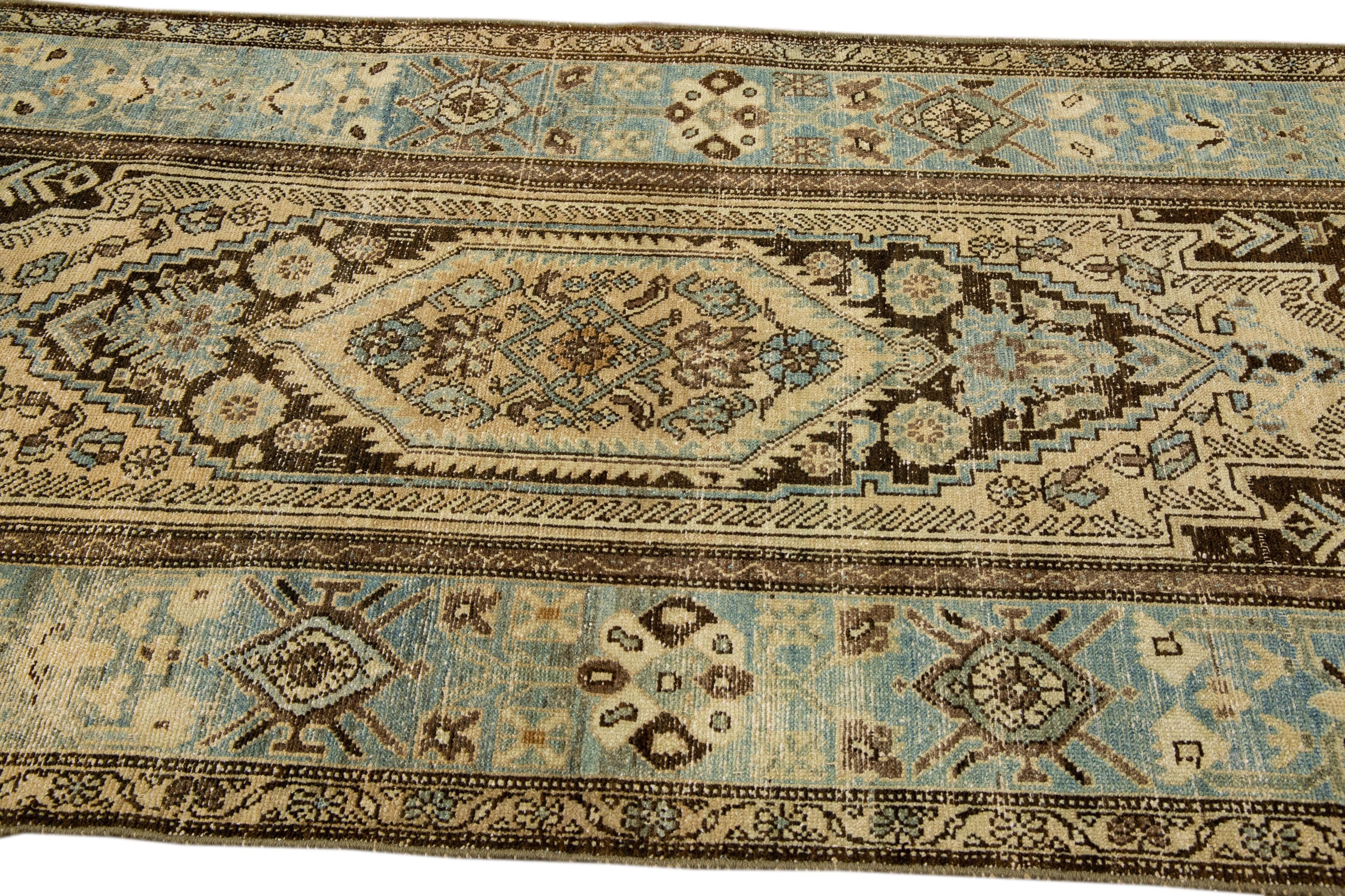 Antique Malayer Handmade Allover Designed Beige And Blue Wool Rug For Sale 1