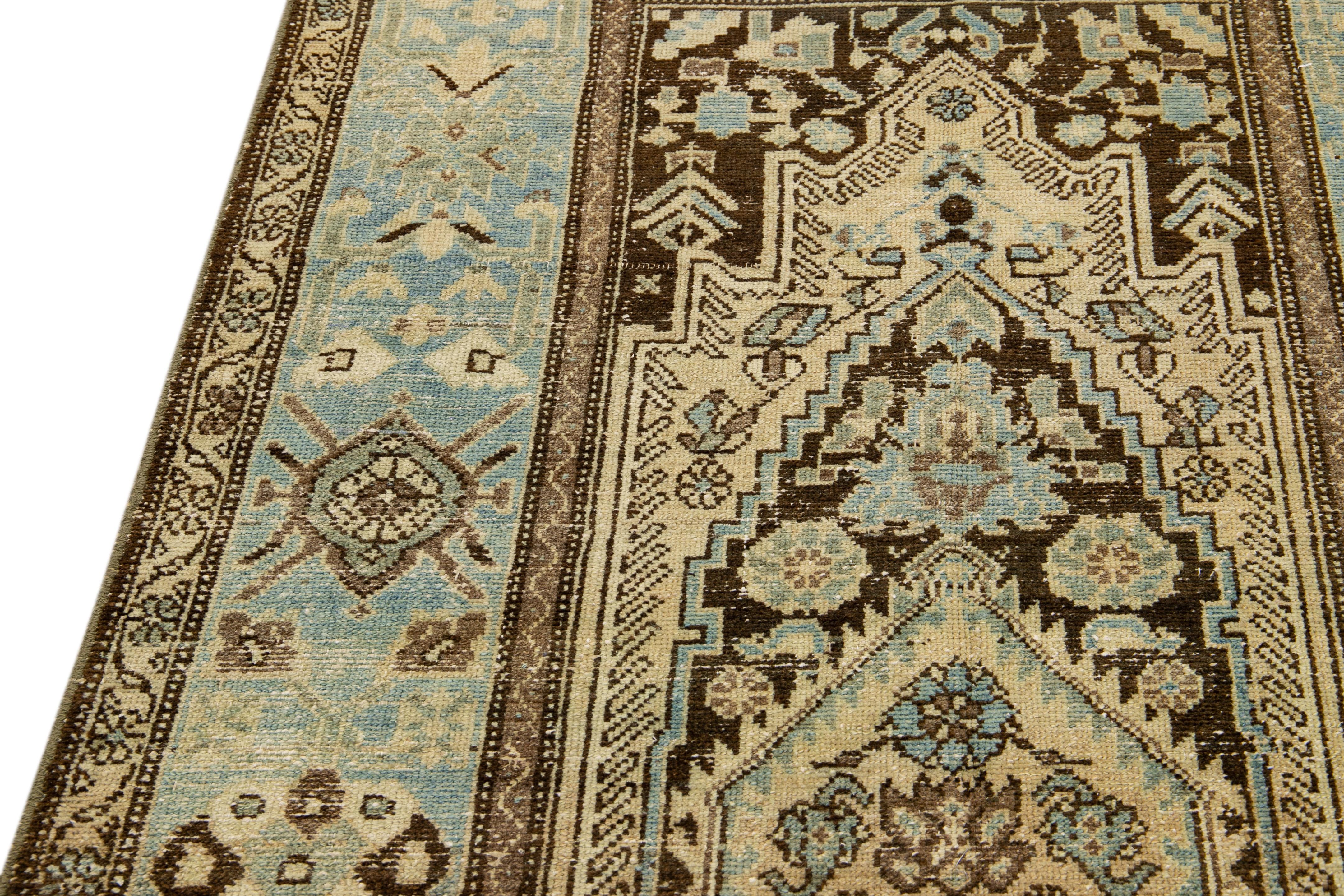 Antique Malayer Handmade Allover Designed Beige And Blue Wool Rug For Sale 2