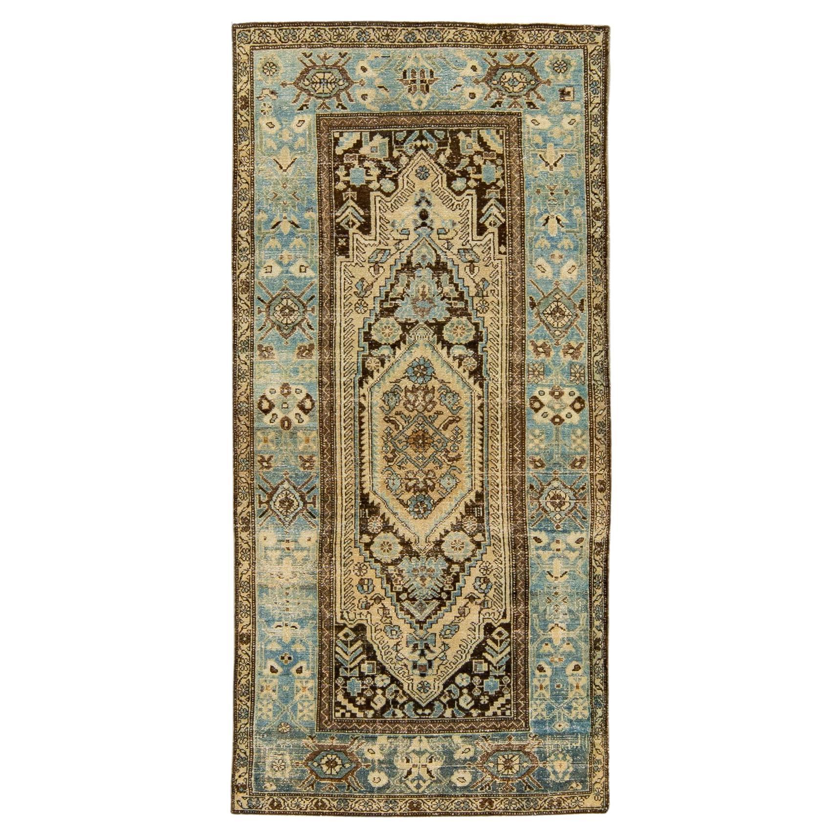 Antique Malayer Handmade Allover Designed Beige And Blue Wool Rug For Sale