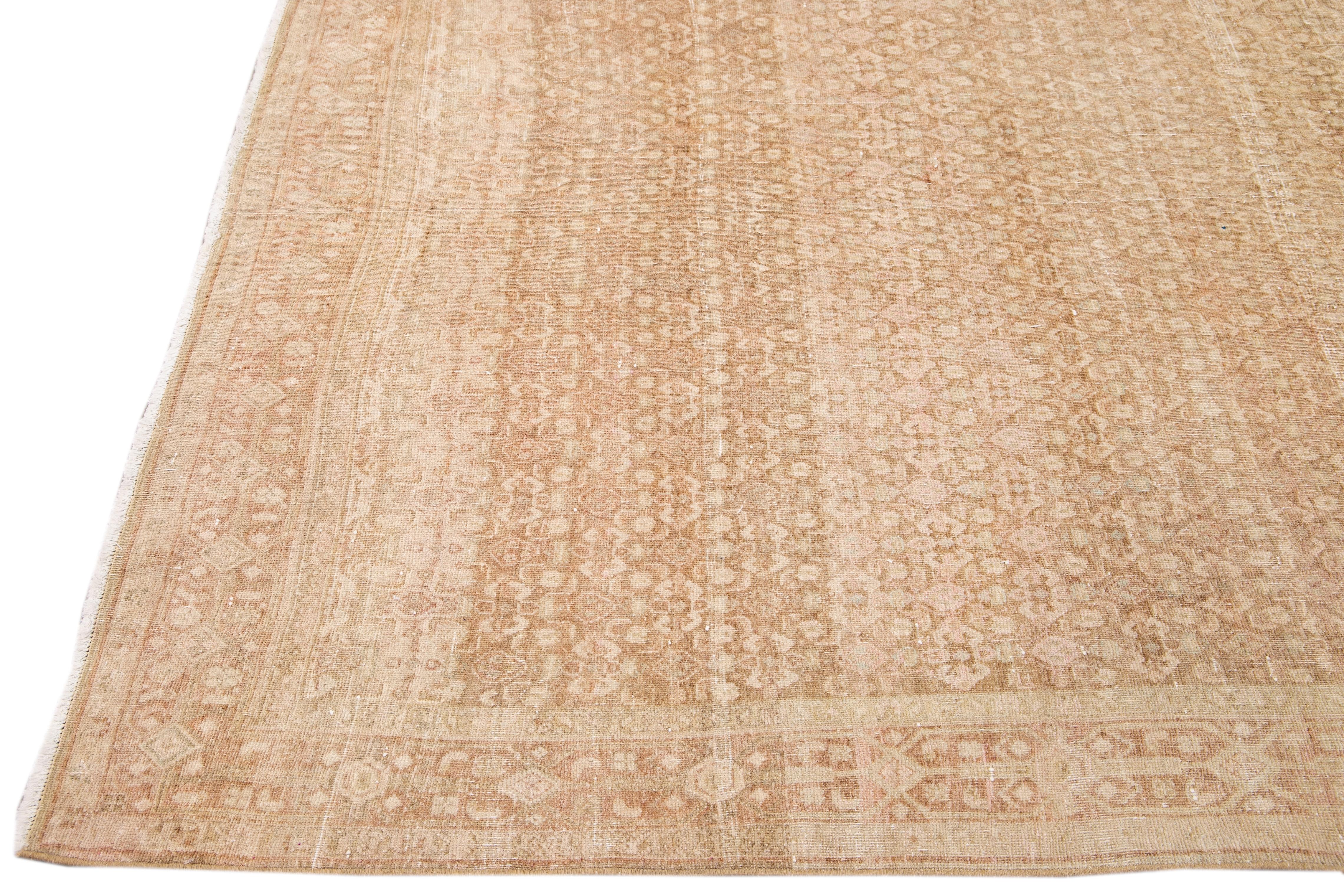 Persian Antique Malayer Handmade Allover Design Beige Wool Rug For Sale