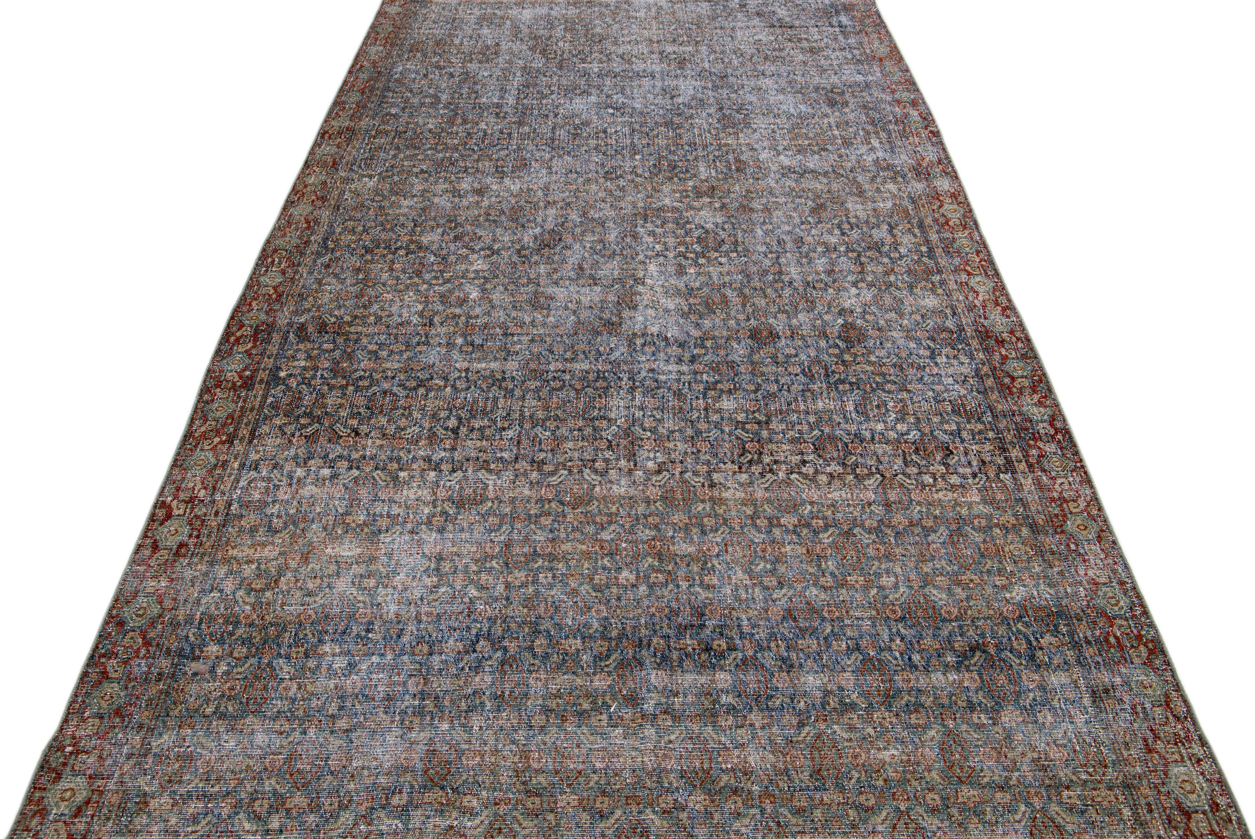 Islamic Antique Malayer Handmade Allover Floral Pattern Blue Wool Runner For Sale