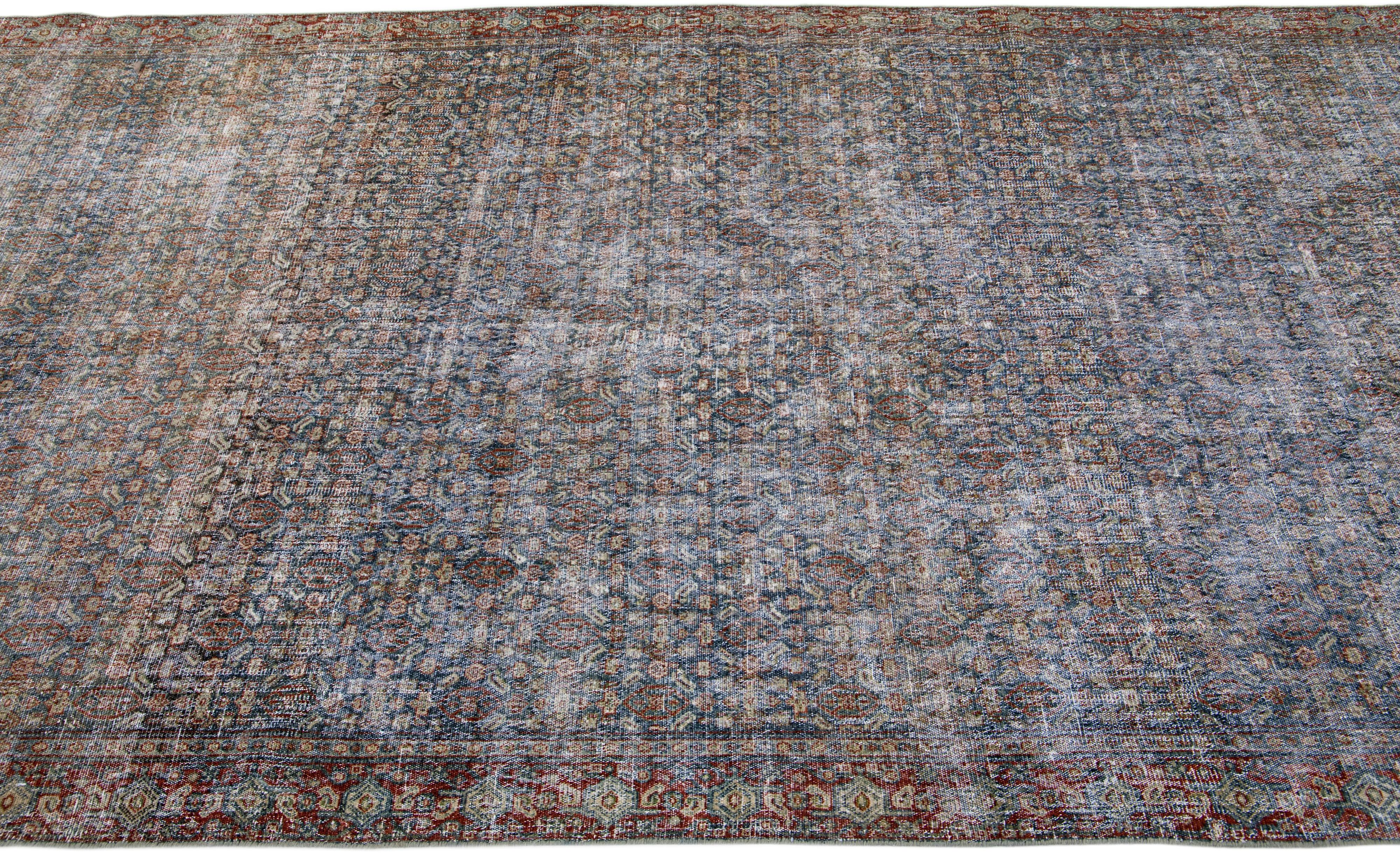 Hand-Knotted Antique Malayer Handmade Allover Floral Pattern Blue Wool Runner For Sale