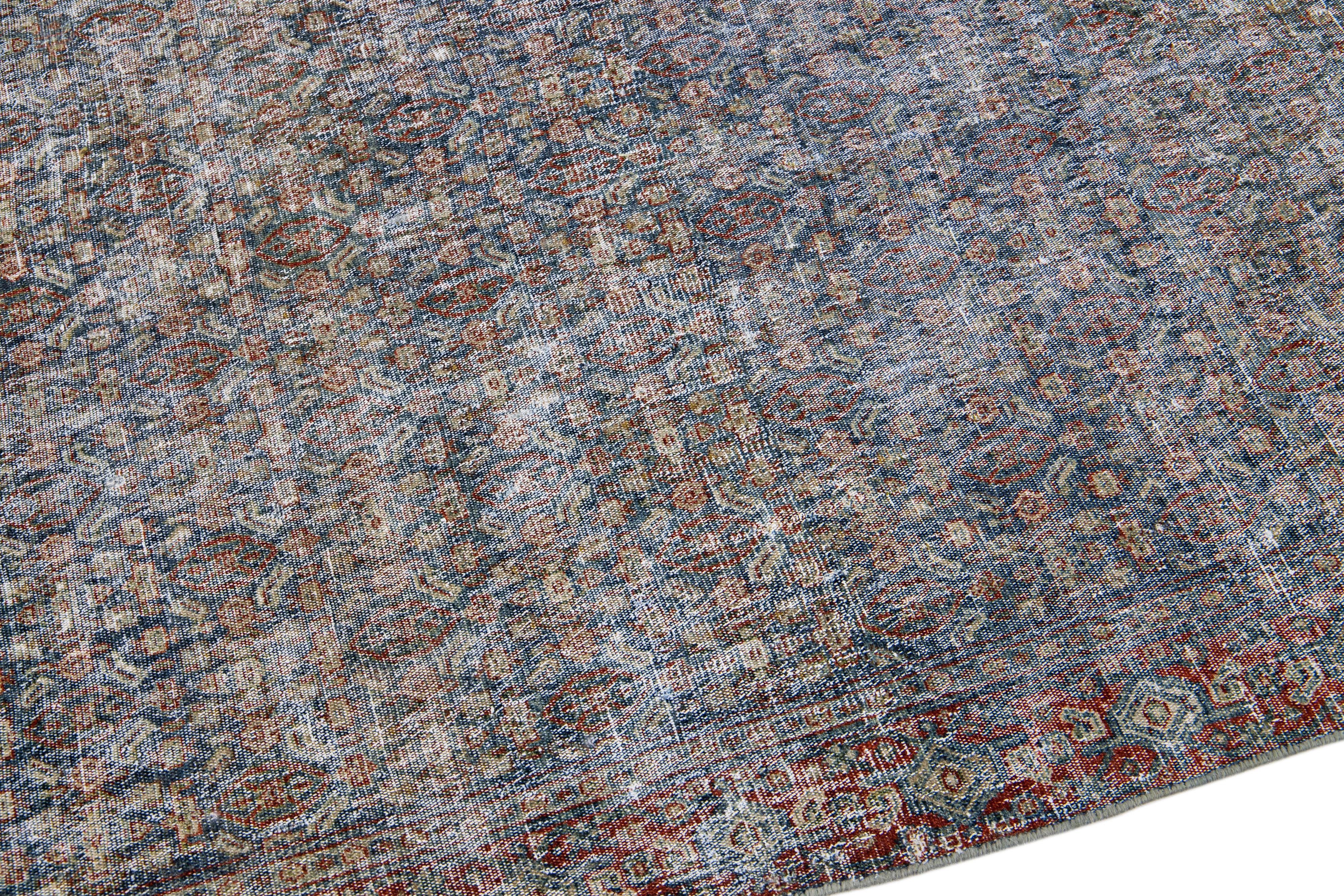 Antique Malayer Handmade Allover Floral Pattern Blue Wool Runner In Distressed Condition For Sale In Norwalk, CT